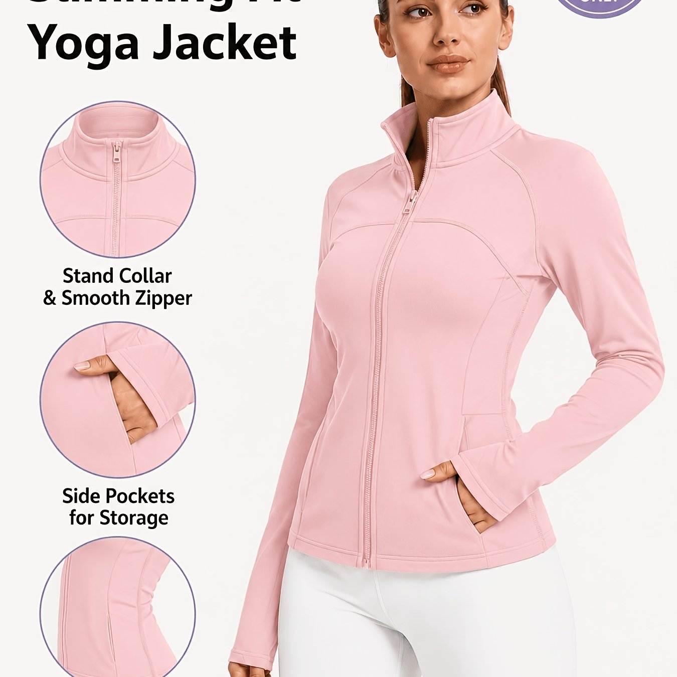 TEMU Chaqueta de yoga para mujer con cremallera completa y cuello , con bolsillos , cara, ultra , elástica en 4 direcciones, ajuste ceñido, secado