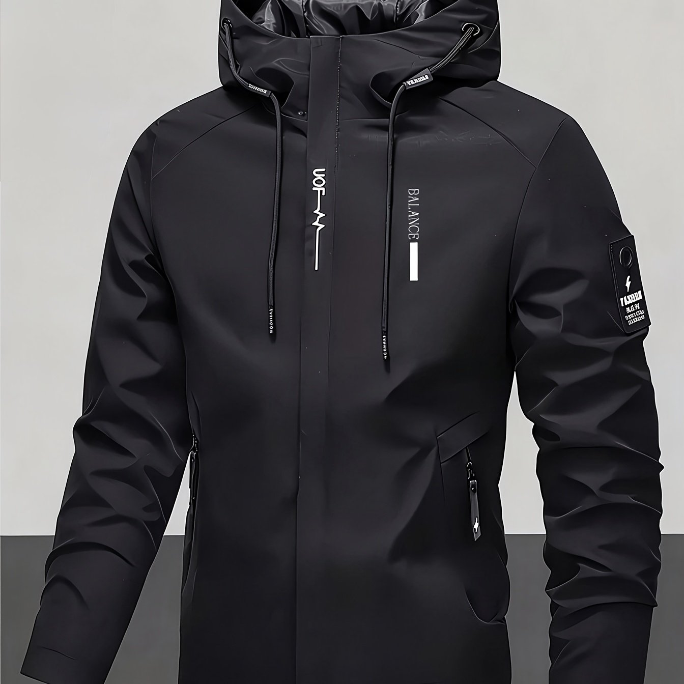 TEMU Men's High-quality -friendly Breathable Lightweight Hooded Windproof Wear-resistant Jacket, Full-zip With Logo Patch Pocket, Soft Casual