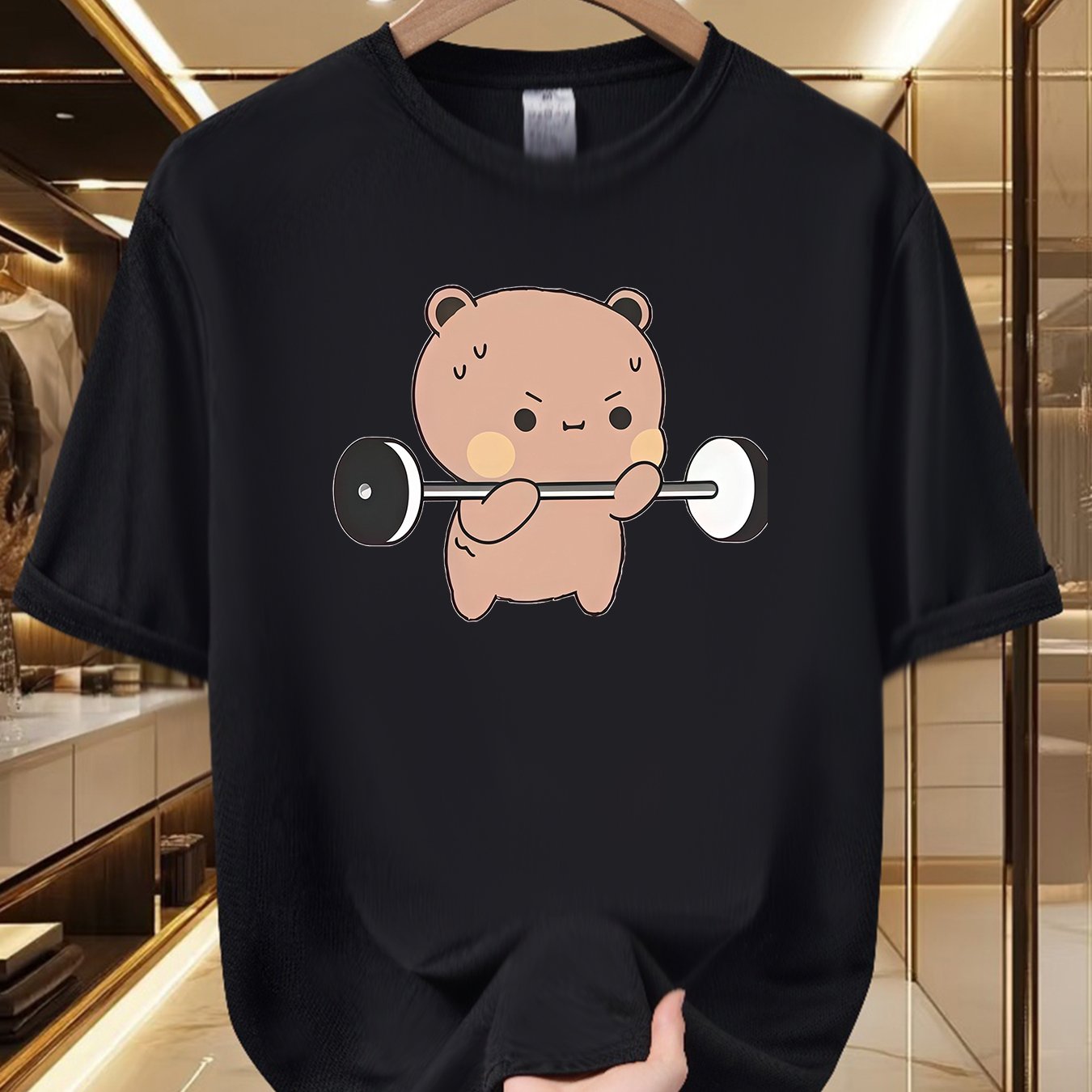 TEMU Men's Adorable Bear Gym T-shirt - Soft Breathable 100% Polyester Workout Shirt With Bear Print, Short Sleeve Crew Neck Fitness Tee Suitable For