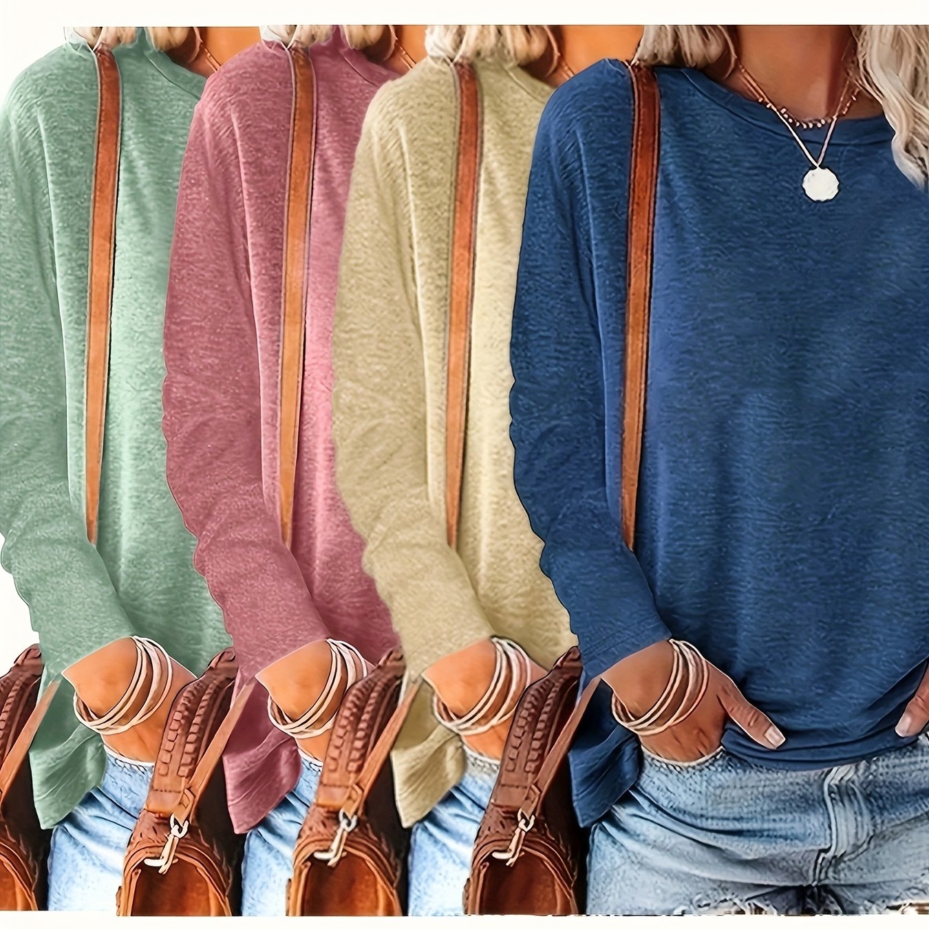 Plus Size - Plus Size - 4 Solid Color Round Neck Long Sleeve Casual Loose Tops For Women, Suitable For Spring And Autumn