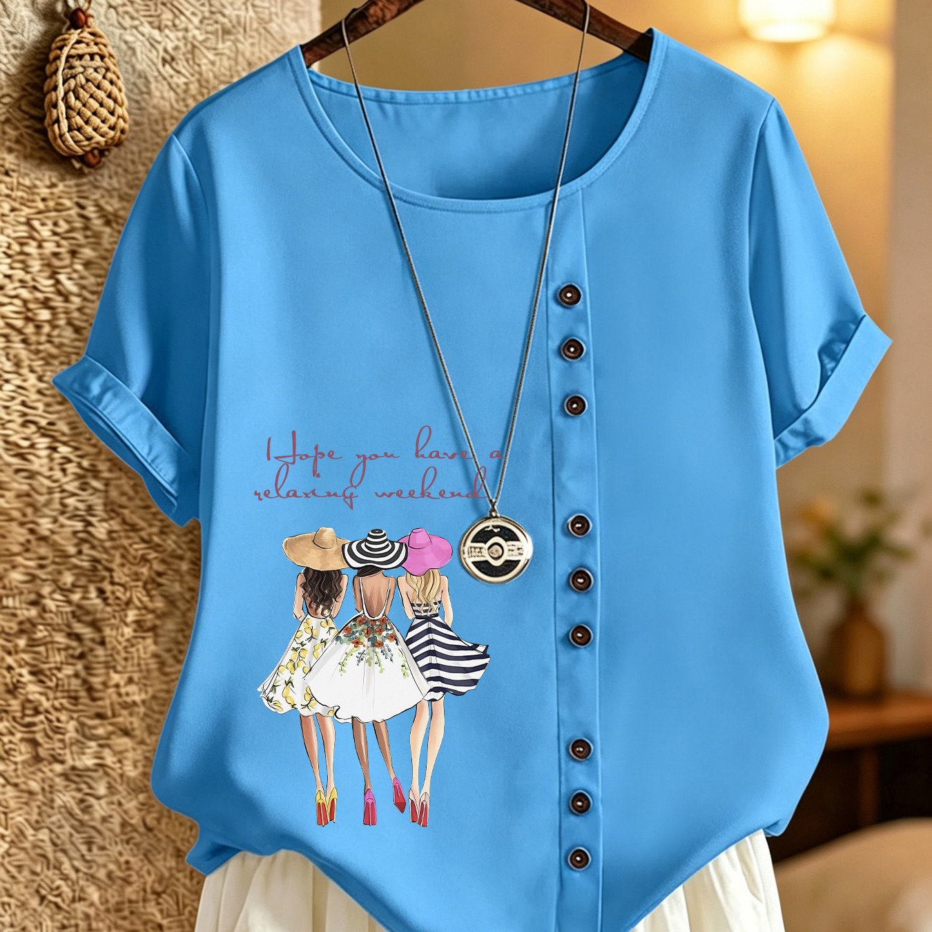 TEMU Women's Button-up Short-sleeve Shirt Top With 3 Women Wearing Hats In Silhouette Pattern, With Handwritten-style Text. Bohemian Vintage Style,