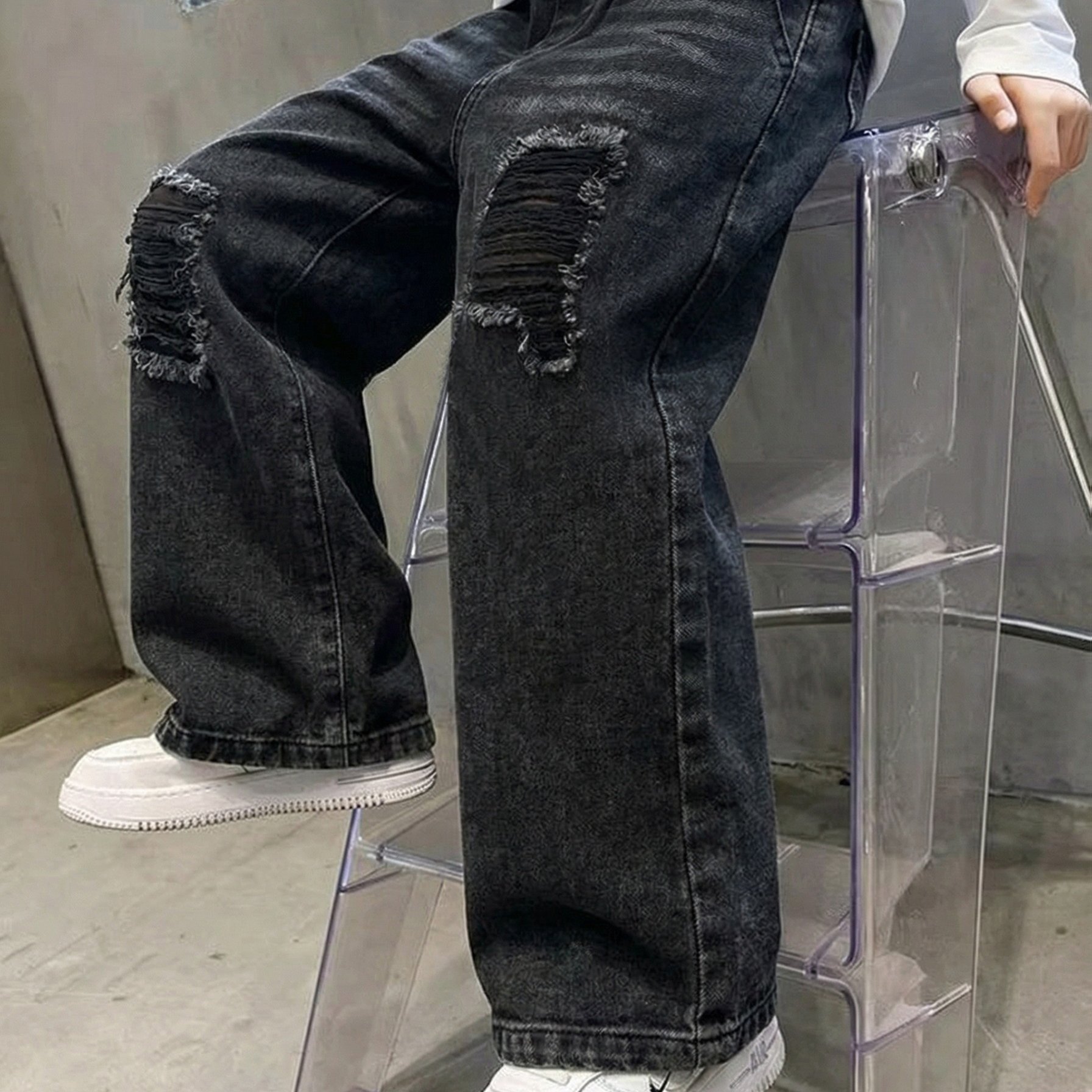 Boys' Ripped Denim Pants, Black Distressed And Worn-out Casual Long Trousers For Children