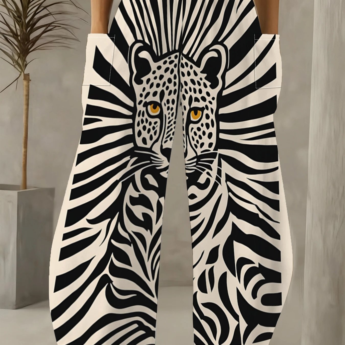 TEMU Plus Size, Minimalist Black And White Trendy Leopard Print Women's Plus Size Wide-leg Pants On Creamy . Contrast Between Creamy White And Black