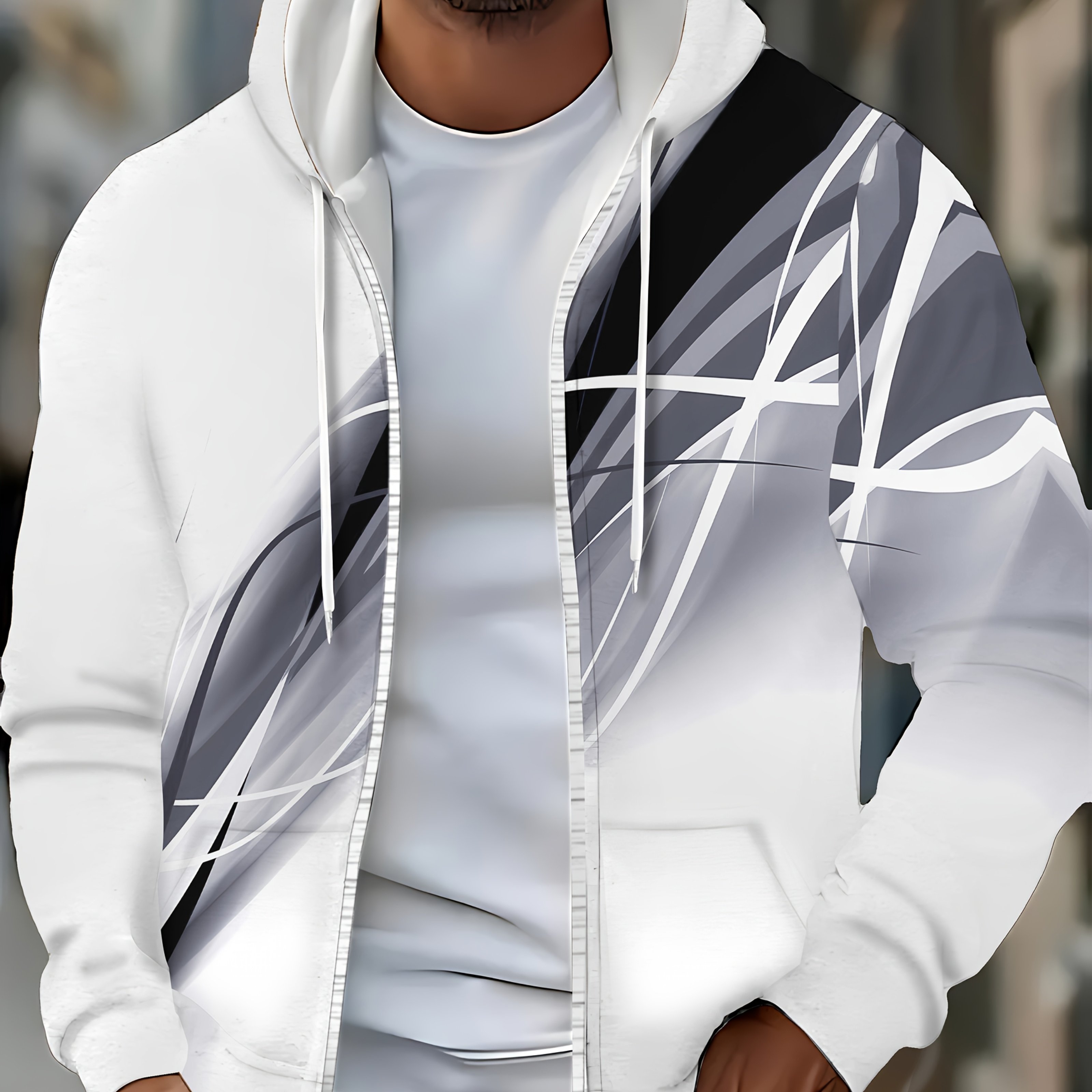 Men's Long Sleeve Zipper Drawstring Hooded Sweatshirt With Flowing Thread Pattern, Autumn/winter Casual Outdoor Jacket With Drawstring And Pockets