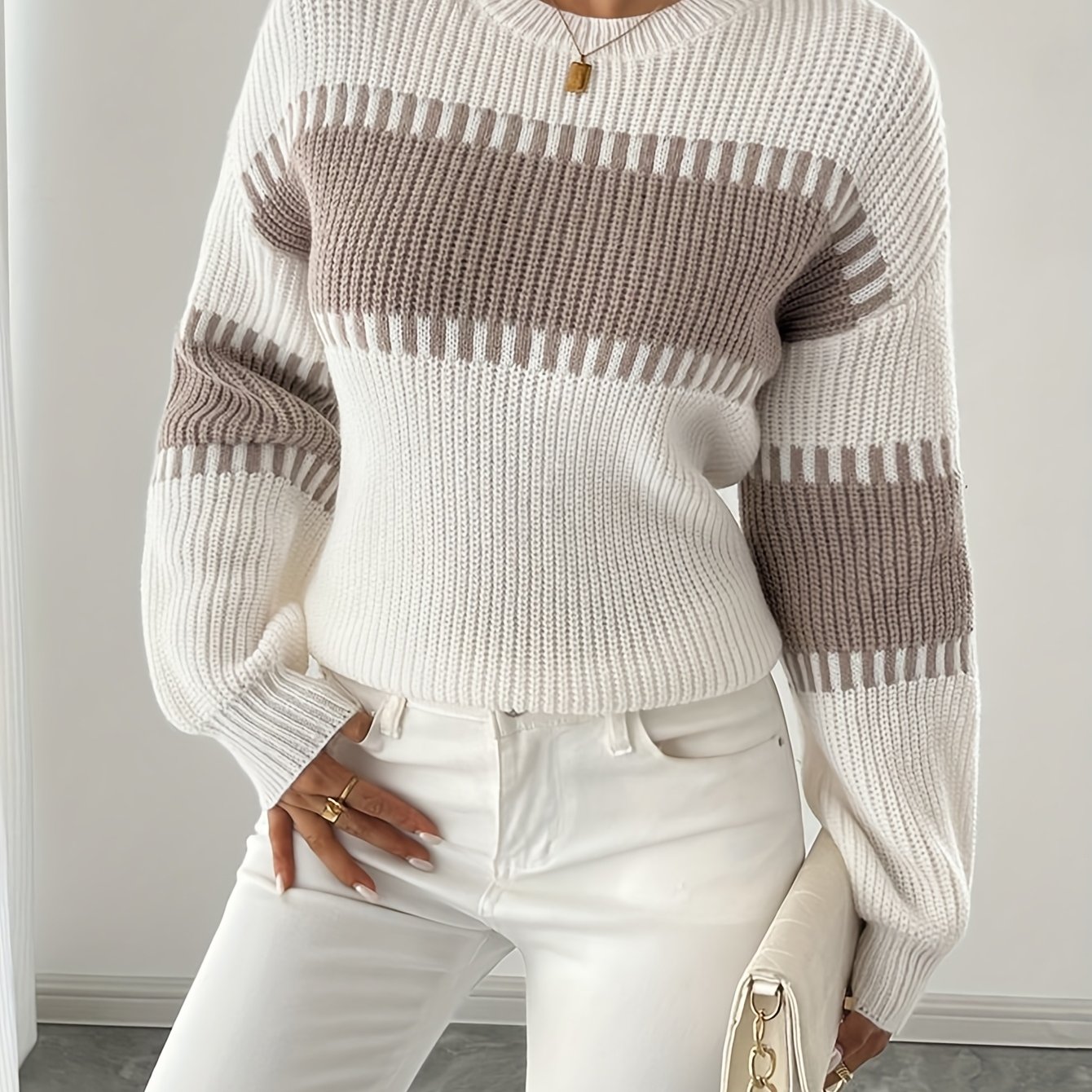 Image of New Summer Collection Of Casual And Elegant Women's Long-sleeve Sweaters, Featuring Round Neck Pullovers In Stylish White And Khaki Colors, Beautiful Tops And Shirts