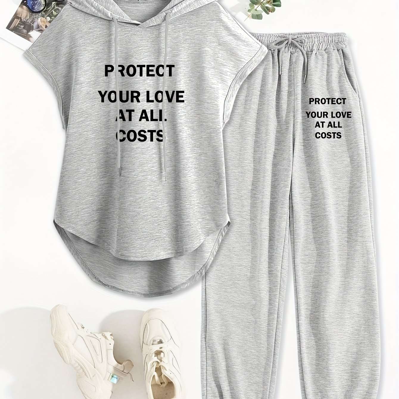 Image of Women'-piece Drawstring Sleeveless Hooded Top And Summer Letter Print Pants, Elastic Waist Casual Pants, Pants Set