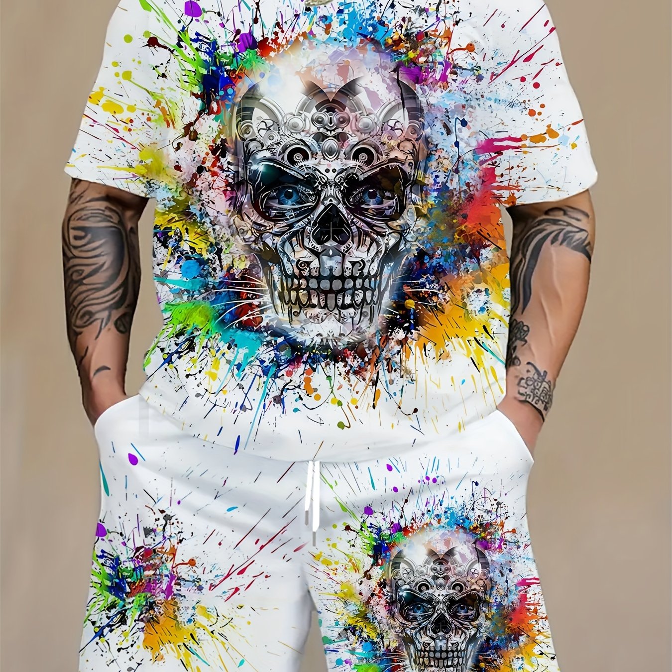 Image of Men's 2pcs Set With Skull Design - Comfortable Crew Neck T-shirt And Shorts - Relaxed Fit With Short Sleeves - Bright Colorful Paint Pattern, Plus Size
