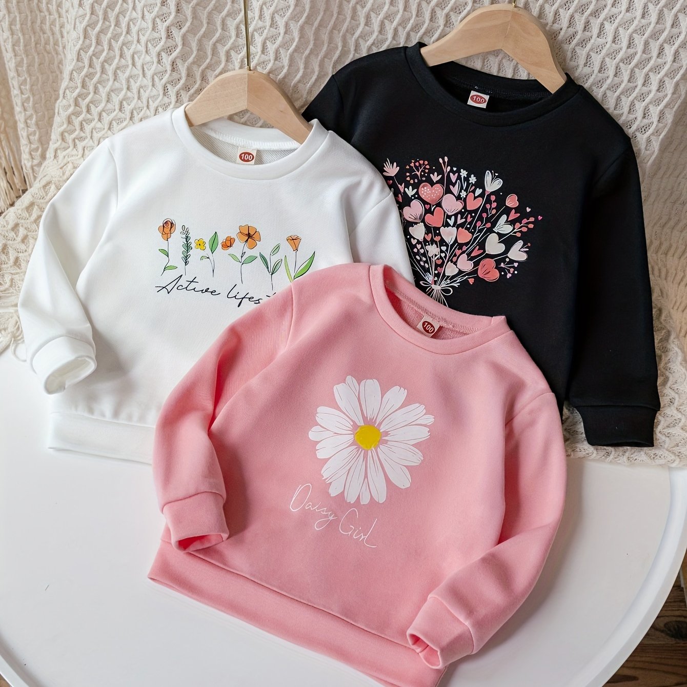 Image of Girls' Round Neck Pullover Floral Heart Print Long Sleeve T-shirt, /autumn Casual Top 3pcs Set In Colors