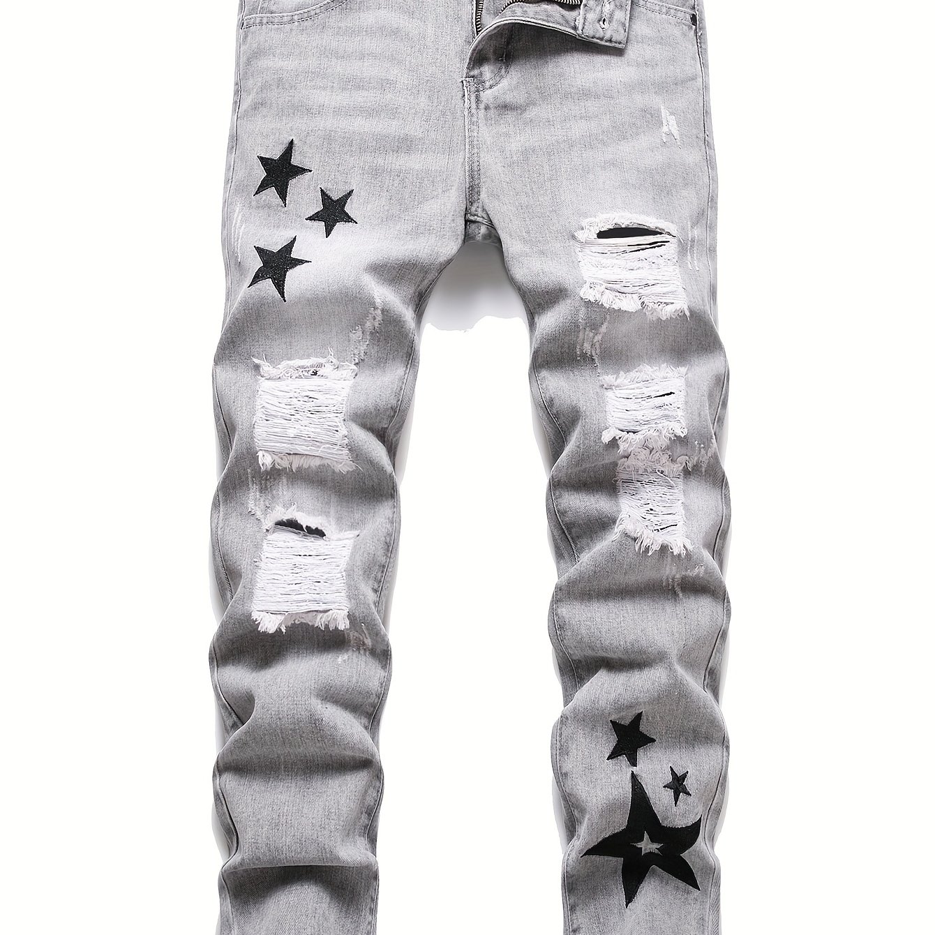 TEMU Men's Slim Fit Ripped Jeans - Soft Gray Distressed Denim With Star Embroidery.straight Leg Pants, Machine Washable Street Fashion