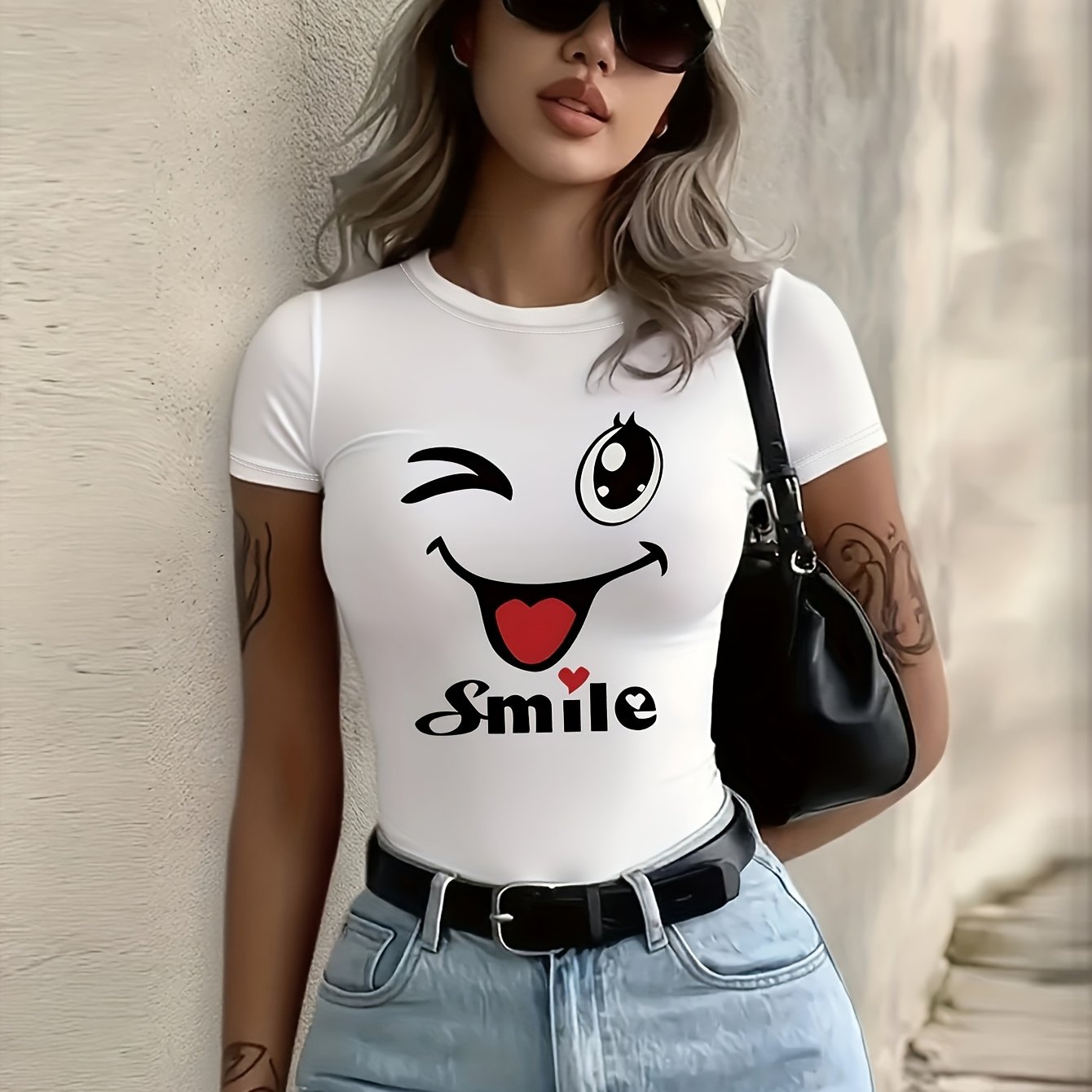 Image of Y2k Style Spring Summer Fashion Sexy Sweet Short Sleeve T-shirt, Cute Pattern Print And Print, Short Sleeve Round Neck Top