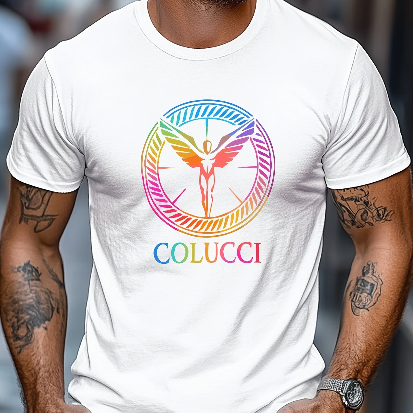 Plus Size Men's T-shirt, Comfortable And Versatile, Easygoing And Casual, Featuring A Colorful Winged Human Logo Design For Summer In A Short Sleeve Round Neck Style, Plus Size