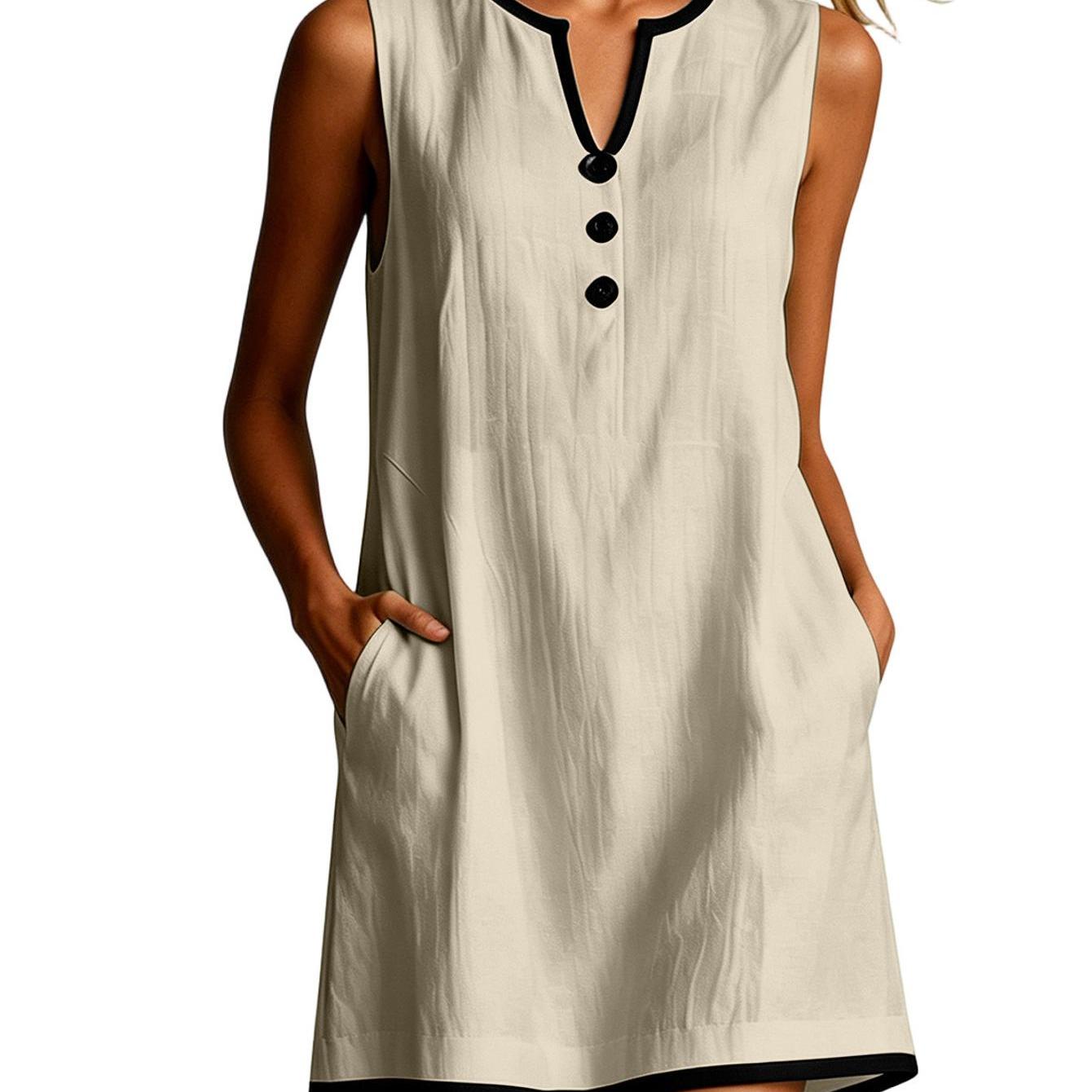 Image of Women's Sleeveless Dress Casual V-neck Mini Dress With Button Detail