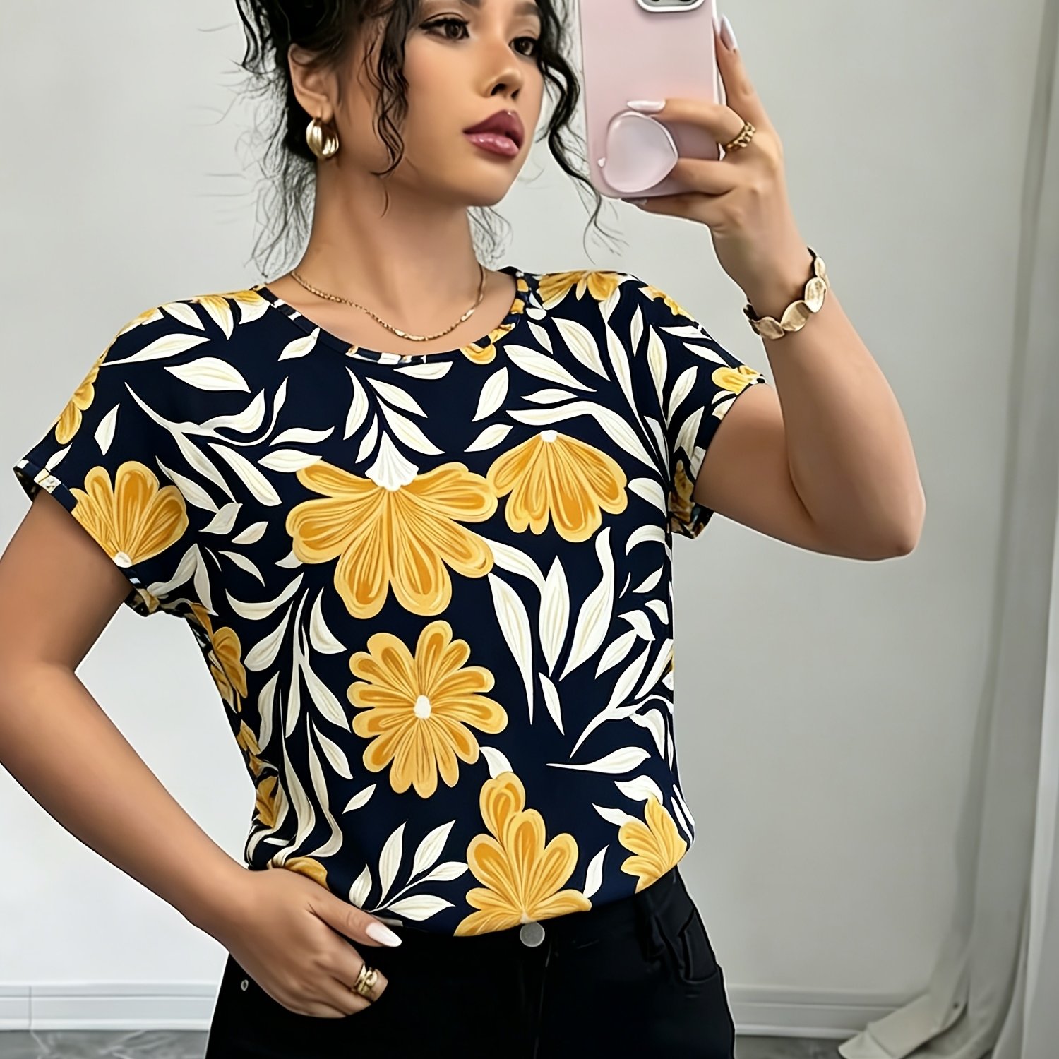 TEMU Women's Blouse-compatible Floral Print Short Sleeve Blouse Style Top - Round Neck Non-stretch Machine Washable Blouse Suitable For Spring Summer