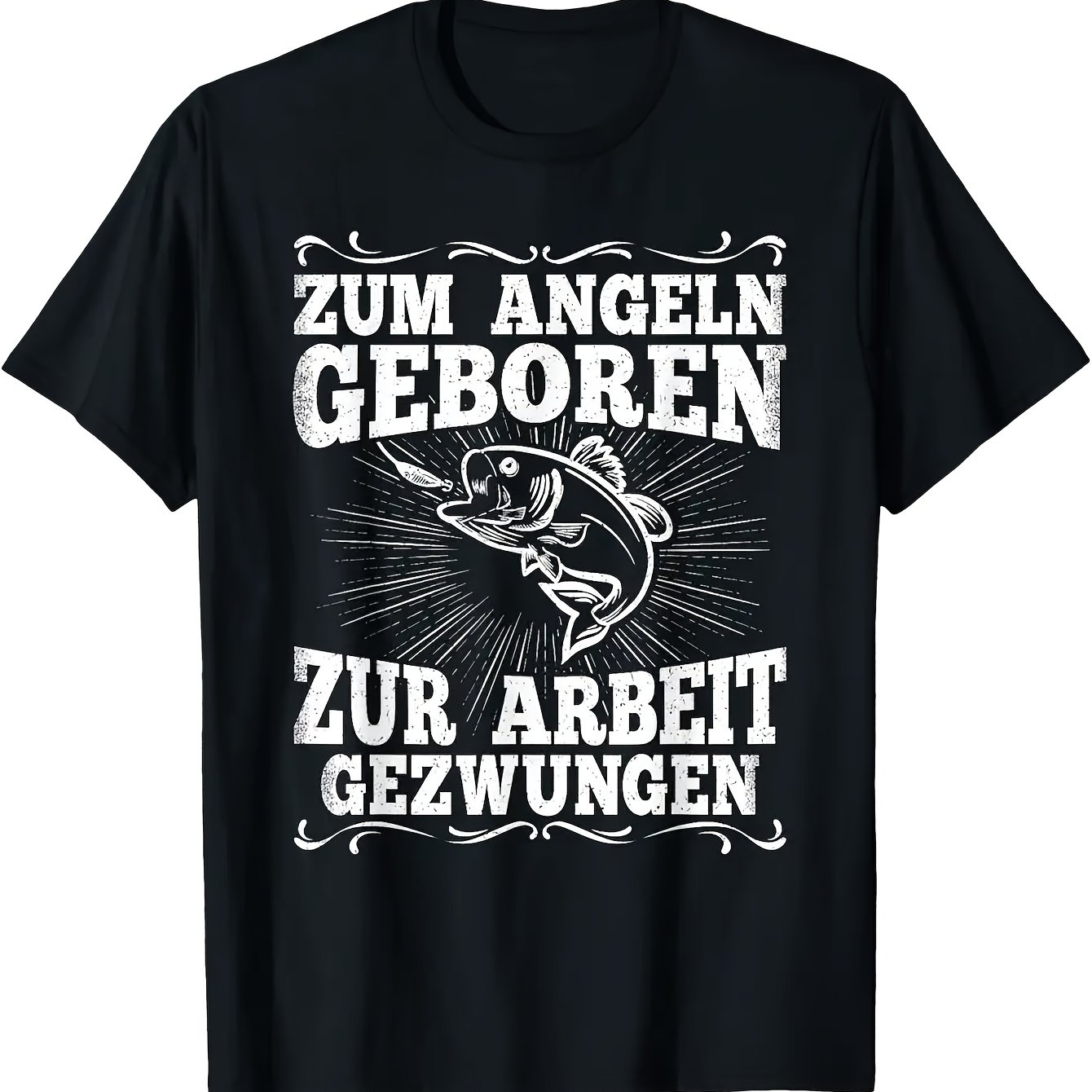 Image of Funny Graphic Tee, Plus Size Men's T-shirt L-5xl, Forced To Work German Slogan Fishing Design, Casual Summer Outdoor Wear, Gift For Angler Dad Husband Boyfriend Fisherman