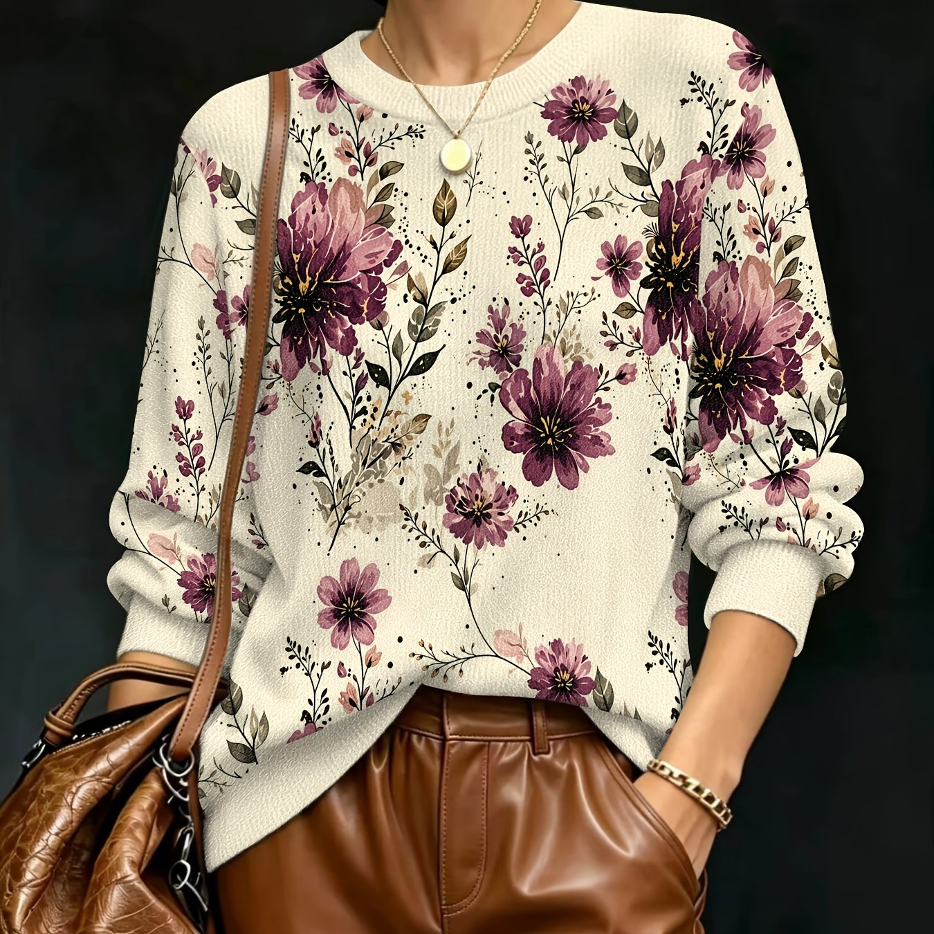 TEMU Women's Fall Winter New Thick Printed Loose Crew Neck Pullover Fashion Casual Long Sleeve Warm Top Versatile Slim Layer Sweater Soft Fabric
