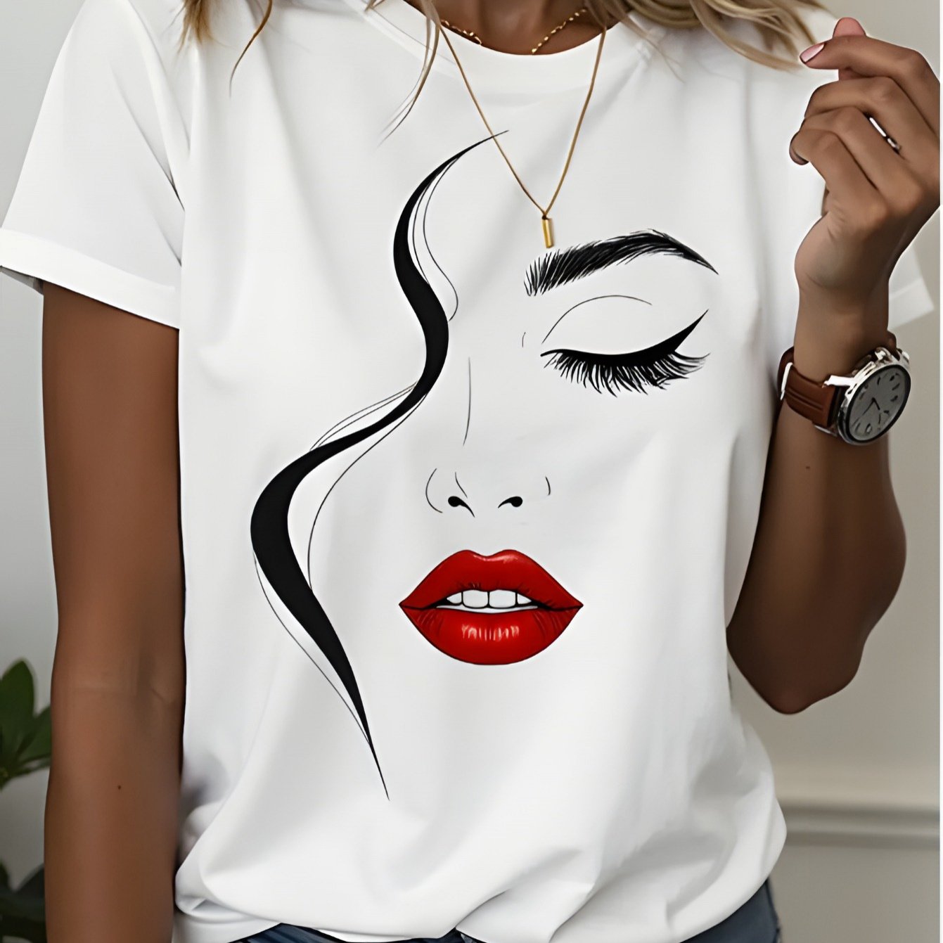 Image of Women And Men' T-shirt- Soft Pure Round Neck Tee With Red Lips Face Graphic- Everyday Casual Outfits, Parties, Formal Events- Medium Stretch Women And , Spring Summer Apparel, Nontransparent Mrial