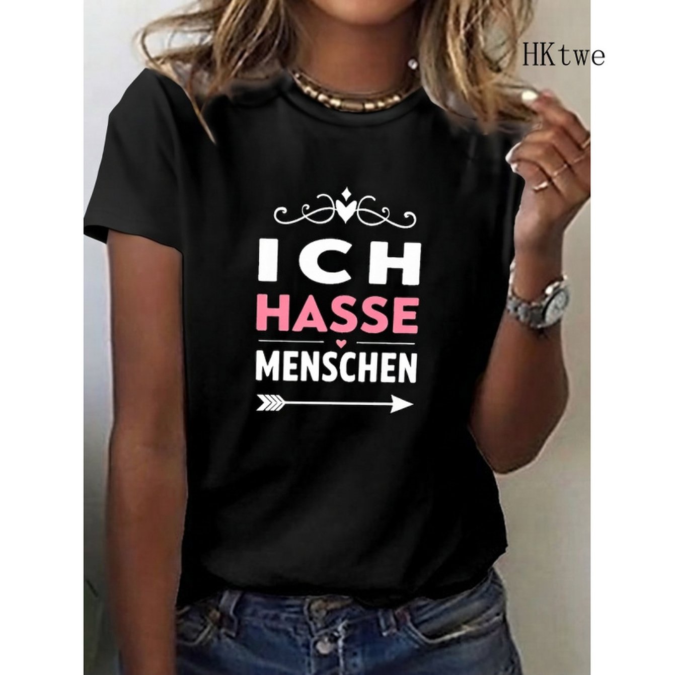 Image of I Hate People Print T-shirt, Short Sleeve Crew Neck Casual Top Summer& Spring, Women's Clothing