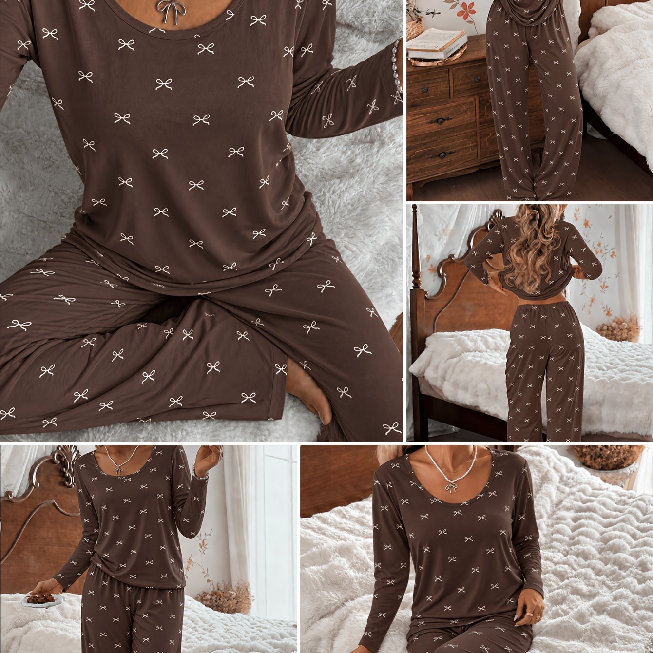 TEMU Women's Pajama And Loungewear 2pcs Set, Spring Summer Autumn Casual Sleepwear, Wear Set, Bow-themed Pajama Set, Loose Round Neck Long Sleeve Top