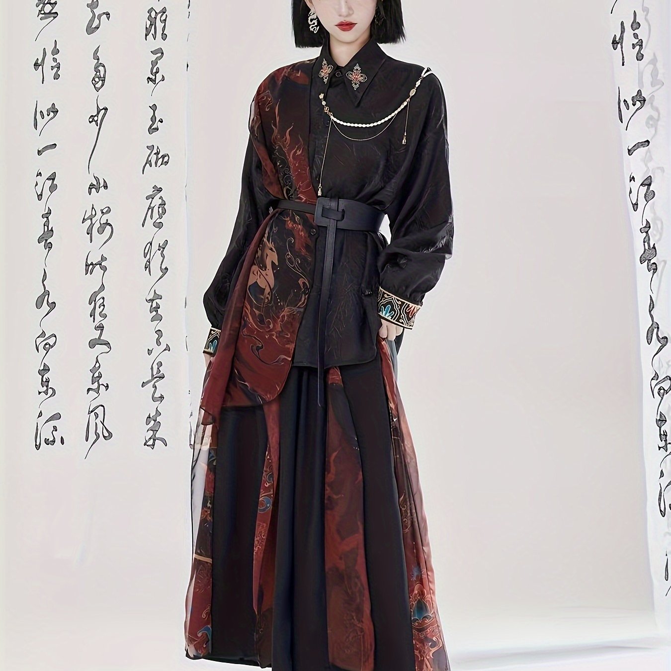 TEMU [炎の鹿の魂] ニッチデザイン 中国風 ス 武道 ワイドレッグパンツ カラーブロック刺繍シャツセット 中国サイズ サイズガイドをよく確認してください
