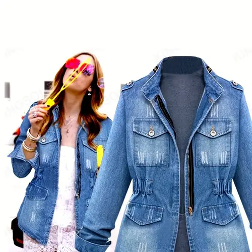 vintage washed blue denim jacket for women distressed casual long sleeve trucker jean outerwear comfortable with zipper front multiple pockets classic retro style trucker style jacket retro style jacket distressed denim