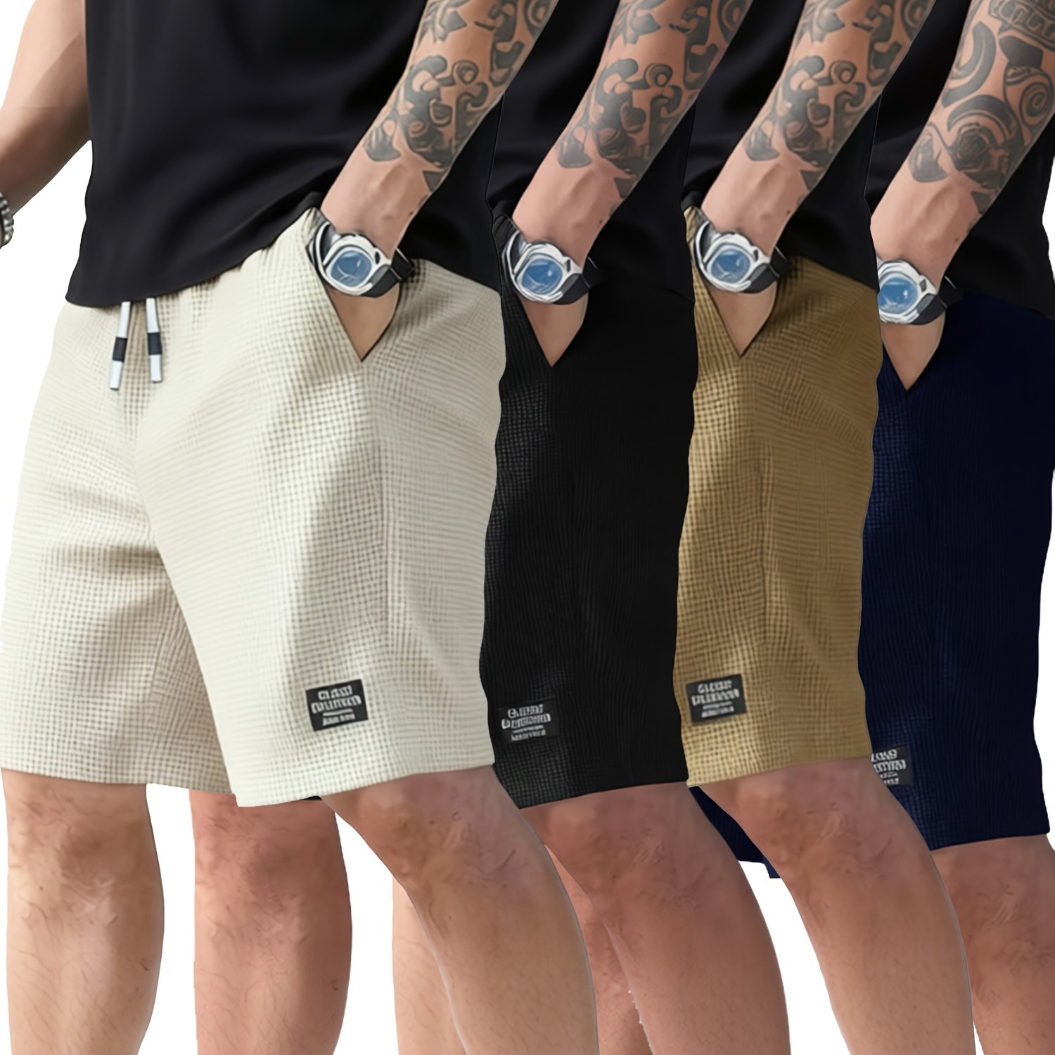 TEMU Ensemble de 4 shorts de sport décontractés et texturés pour hommes, taille à cordon de serrage, tissu léger, poches multifonctionnelles, adaptés