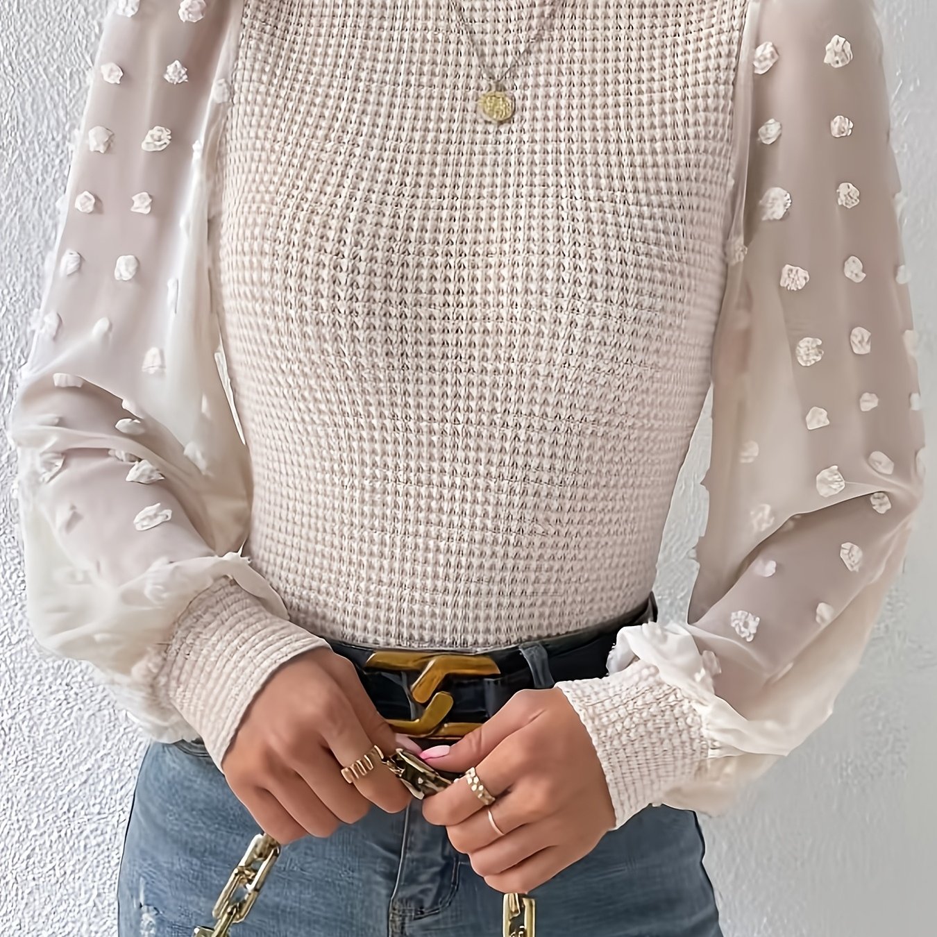 TEMU Elegant Fitted Mesh Long-sleeve Top