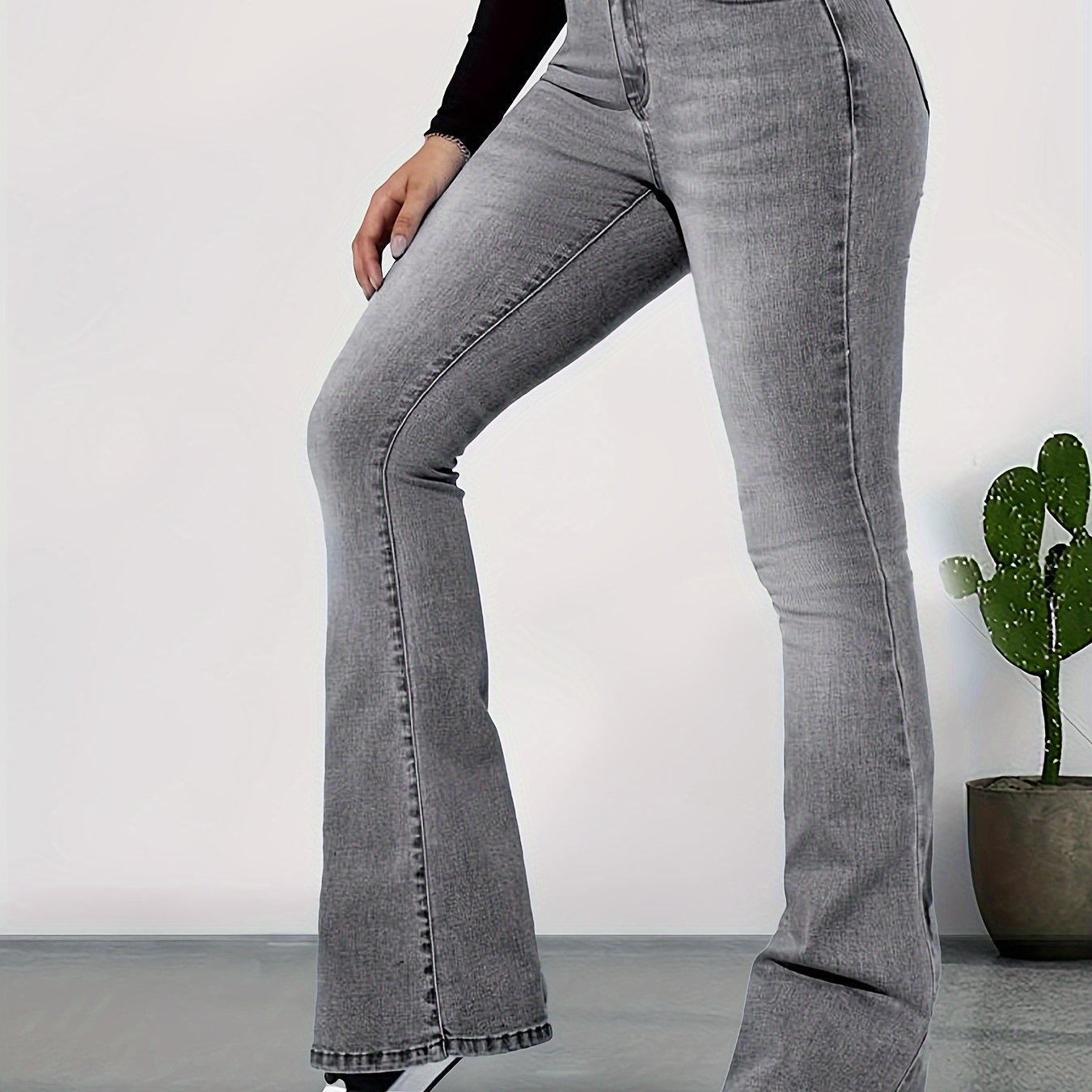 Jeans For Women High Waist Style Stretchable Plus Size Women's High Waist  Jeans Button Tassel Pants Trousers Bell-Bottom Pants Gray