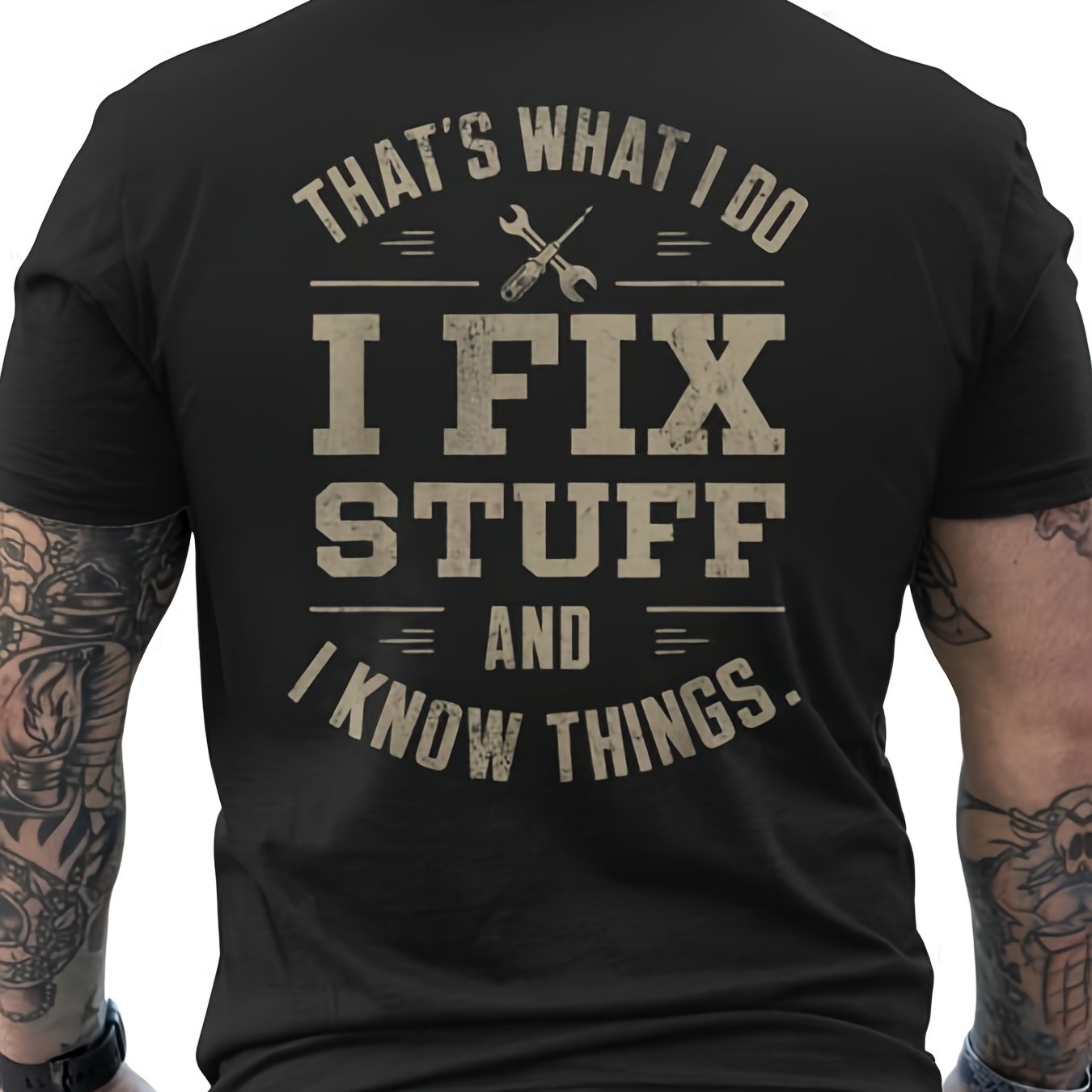 TEMU Men's Retro "that's What I Do I Fix Stuff And I Things" T-shirt - Funny Handyman Slogan Back Print, Loose Fit Breathable Round Neck Tee Suitable