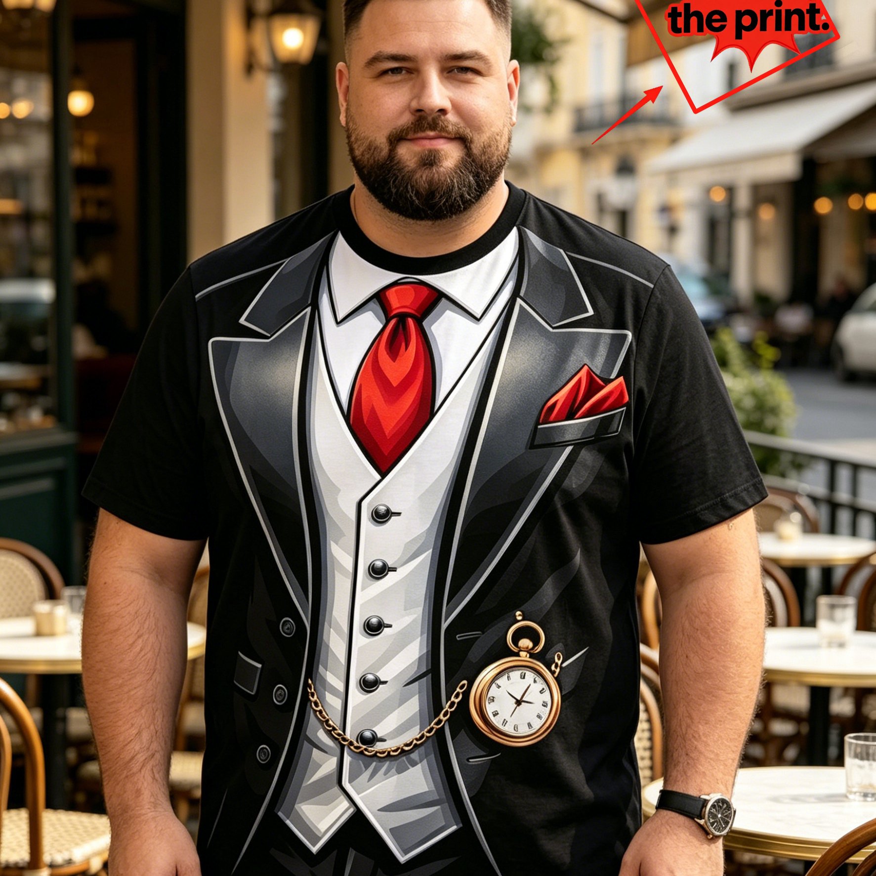 TEMU [printed Design-nottextured]plus Size Men's Summer Crew Neck Short Sleeve T-shirt With Flat Print Of Fake Suit Bow Tie And Pocket Watch Pattern,