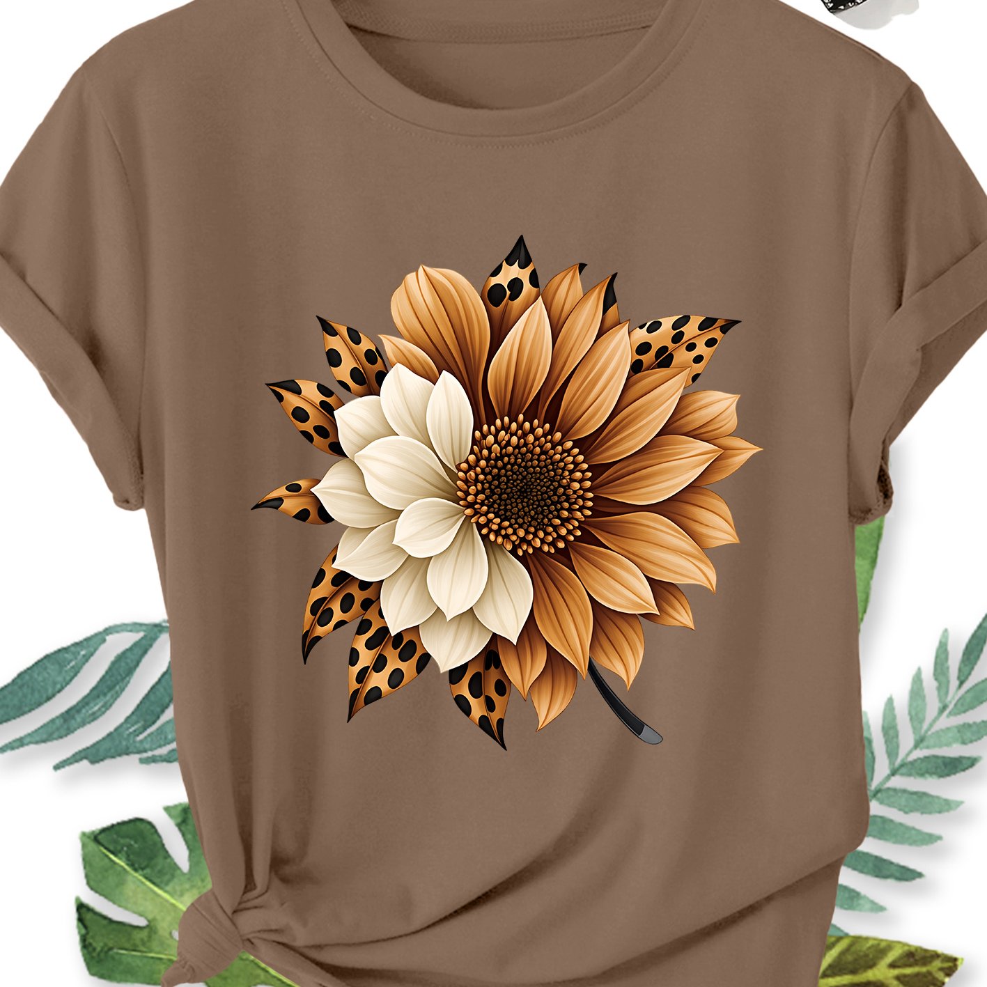 TEMU Women's Elegant Style Plus Size Short Sleeve, Sunflower And Leopard Print Floral Pattern Round Neck Comfortable Soft Breathable Summer Short