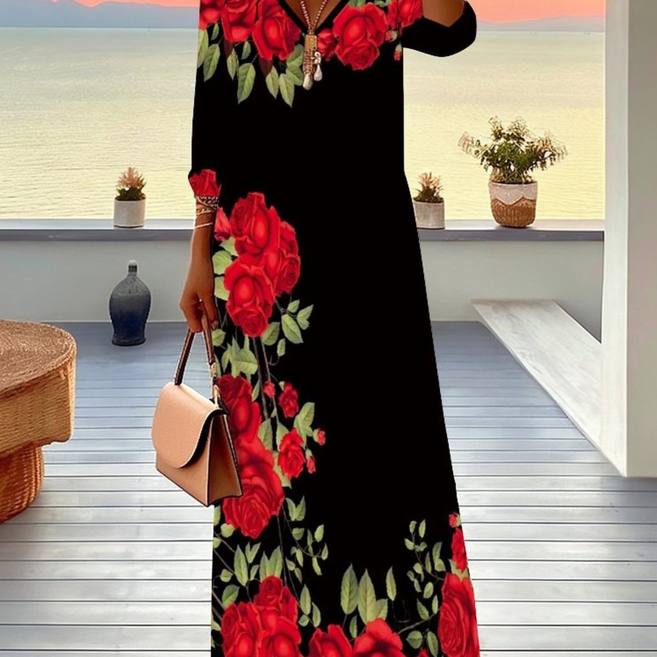 Plus Size, Women's Dress, Women's Plus Size Dress, Floral And , Full Body Print, Party Occasion, Casual Vacation, Elegant Women's Fashion, V-neck, Mid Sleeved Jumpsuit, Long Skirt
