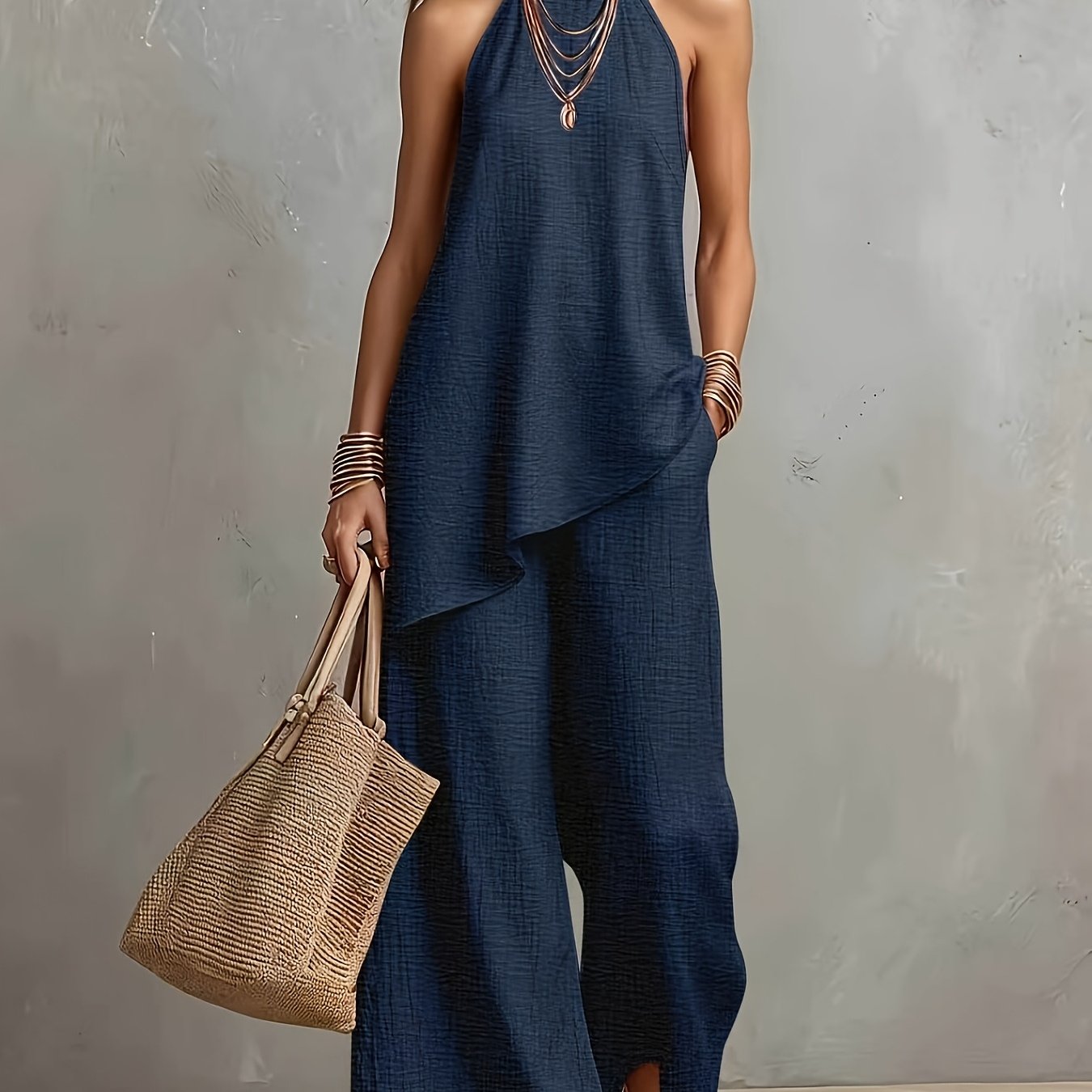 TEMU New Cross-border Women's Fashion: Elegant Minimalist Backless Solid Color Top + Wide-leg Pants 2pcs Set