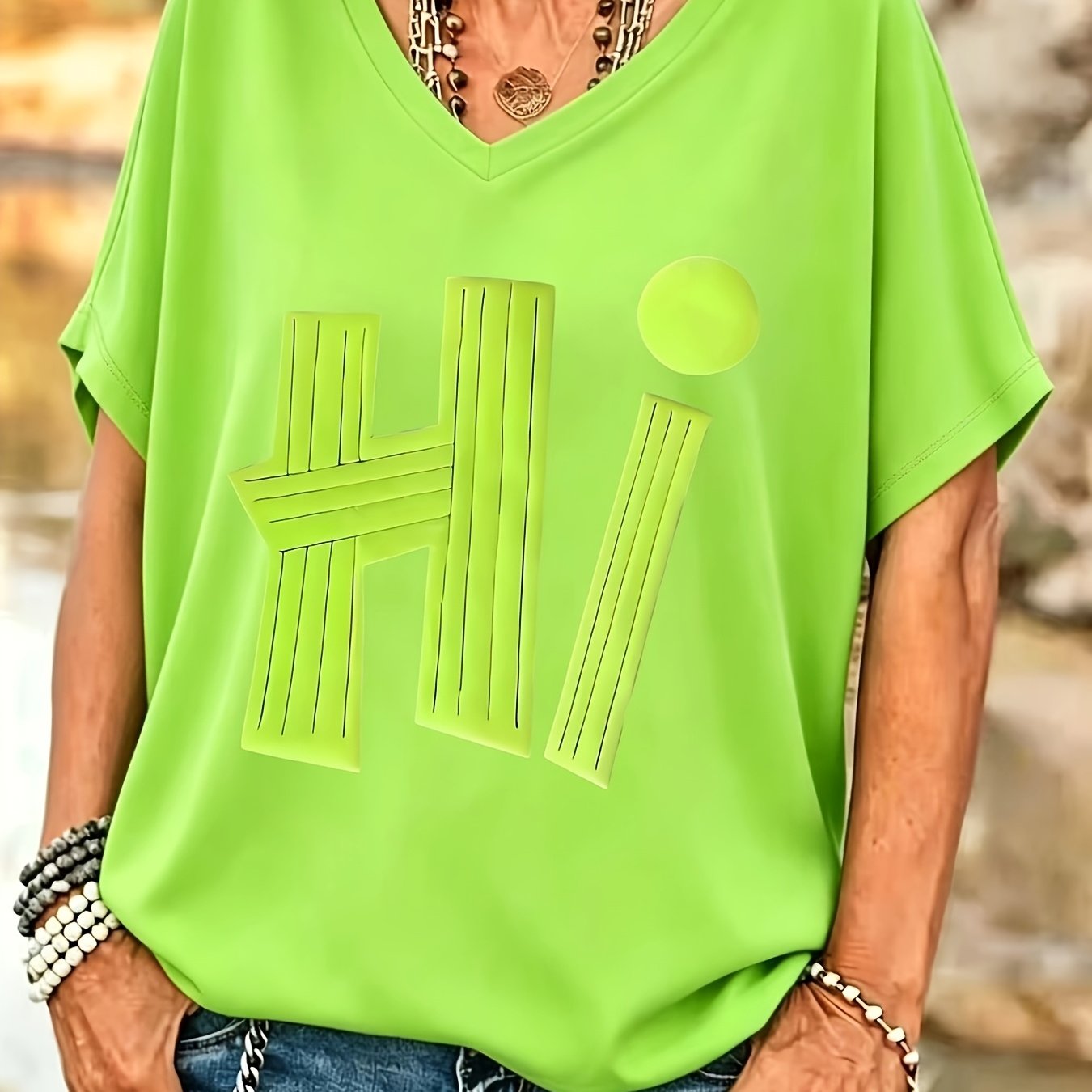Image of Plus Size - Plus Size - Big Size Women V Neck Batwing Sleeve T Shirt Short Sleeve With Hi Summer Outfit For Beach And Everyday Wear