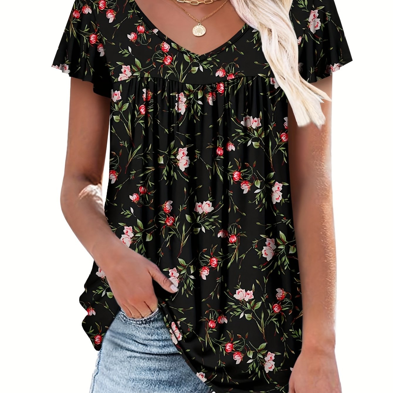 E-shop 2025 Western Mode Damen Top Sommer Lässig Locker Gerafftes Kurzarm V-Ausschnitt T-Shirt