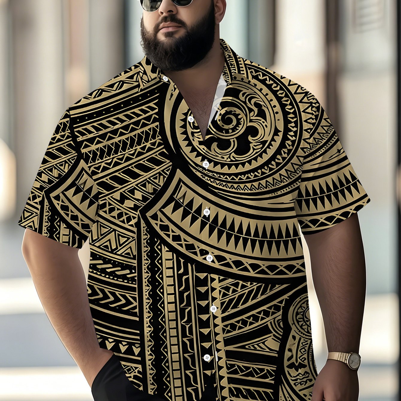 TEMU Plus Size Men's Short Sleeve Shirt, Ethnic Pattern Loose Casual Shirt, Geometric Elements Enlarged Men's Athletic Short Sleeve Shirt, Black And