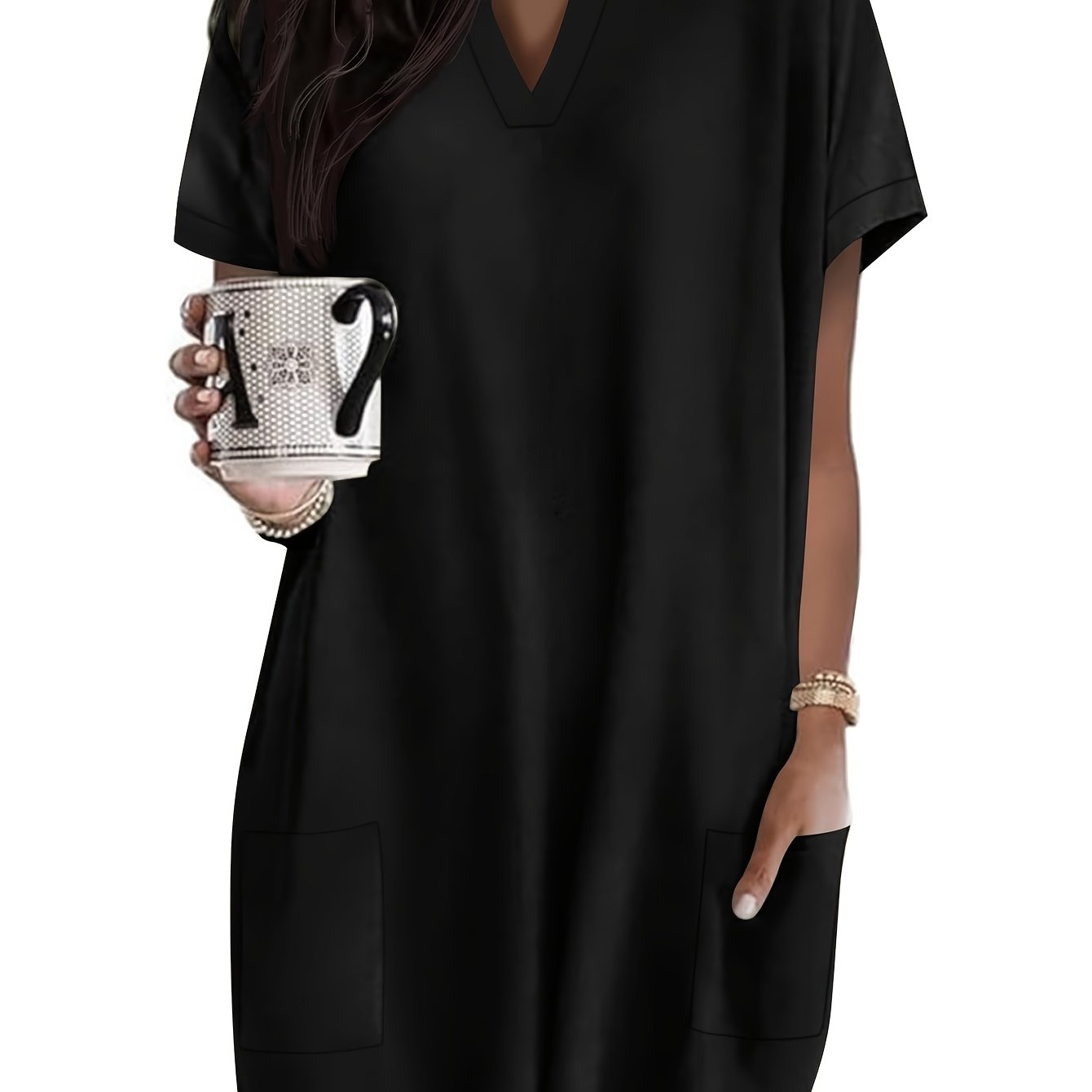 E-shop Damenmode Lässiges, locker sitzendes Basic-Shirt mit , elegantes, bequemes Kurzarm-V-Ausschnitt-Langarm-T-Shirt für Damen