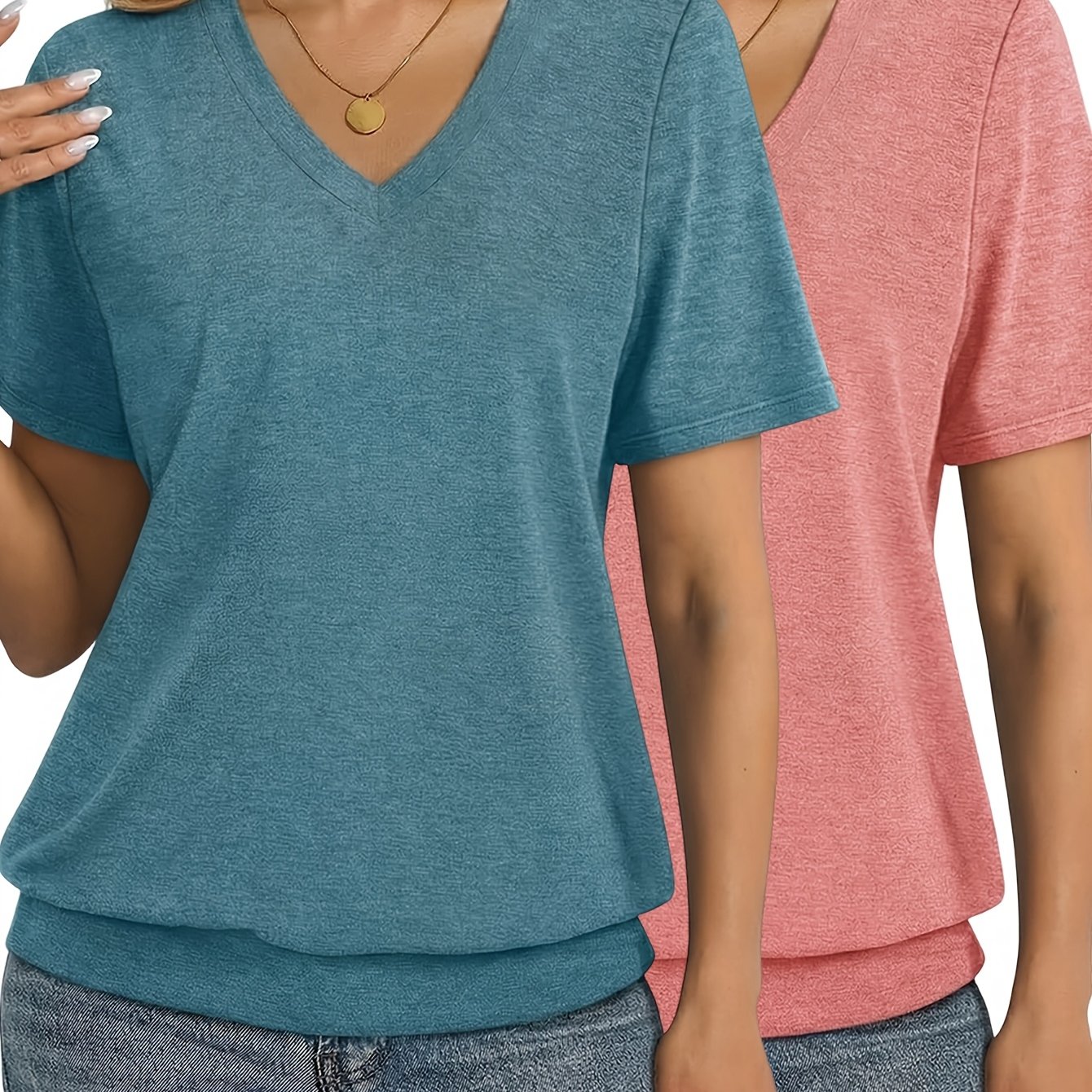 TEMU 2pcs Set Women's Comfortable Top, Elegant Casual Drawstring Hem Basic Shirt, Fashionable V-neck Short-sleeve T-shirt