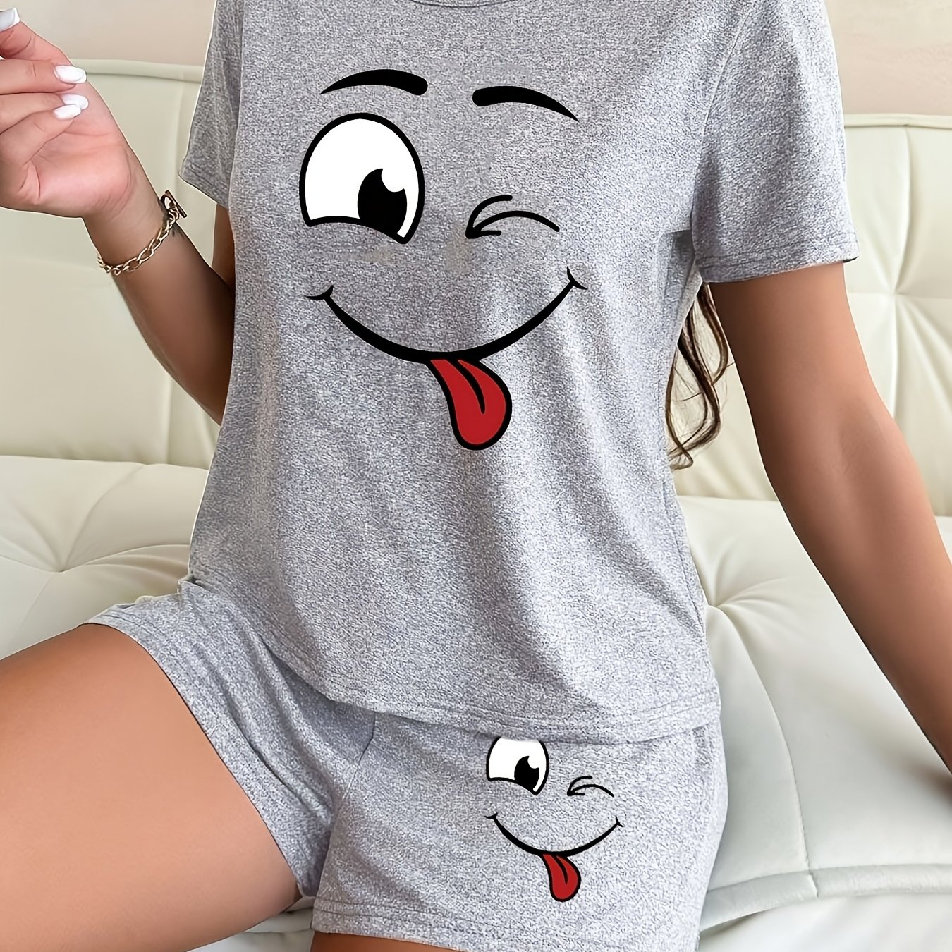 TEMU Women's Short Sleeve Shorts Pajama Set With Cute Cartoon Pattern