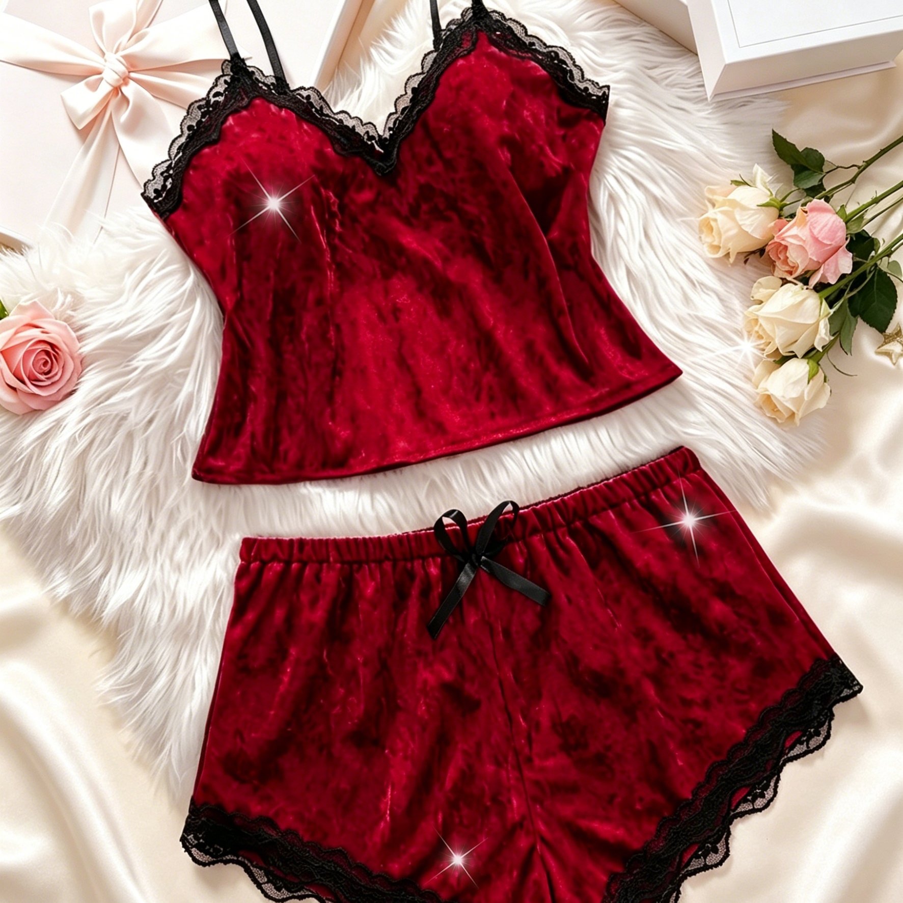 Image of Women's Pajama Set Elegant Contrast Lace V-neck Camisole And Elastic Shorts Fall Winter Sleepwear And Loungewear