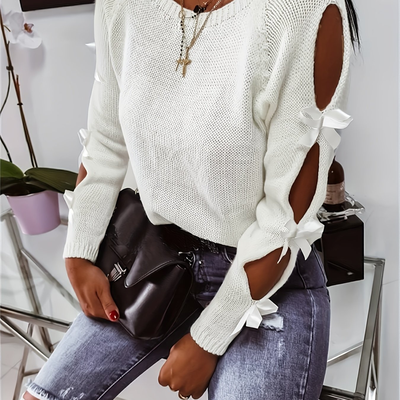 Autumn Winter New Women's Off-shoulder Bow Decor Chic Long Sleeve -arm Fashionable Unique Top Pullover