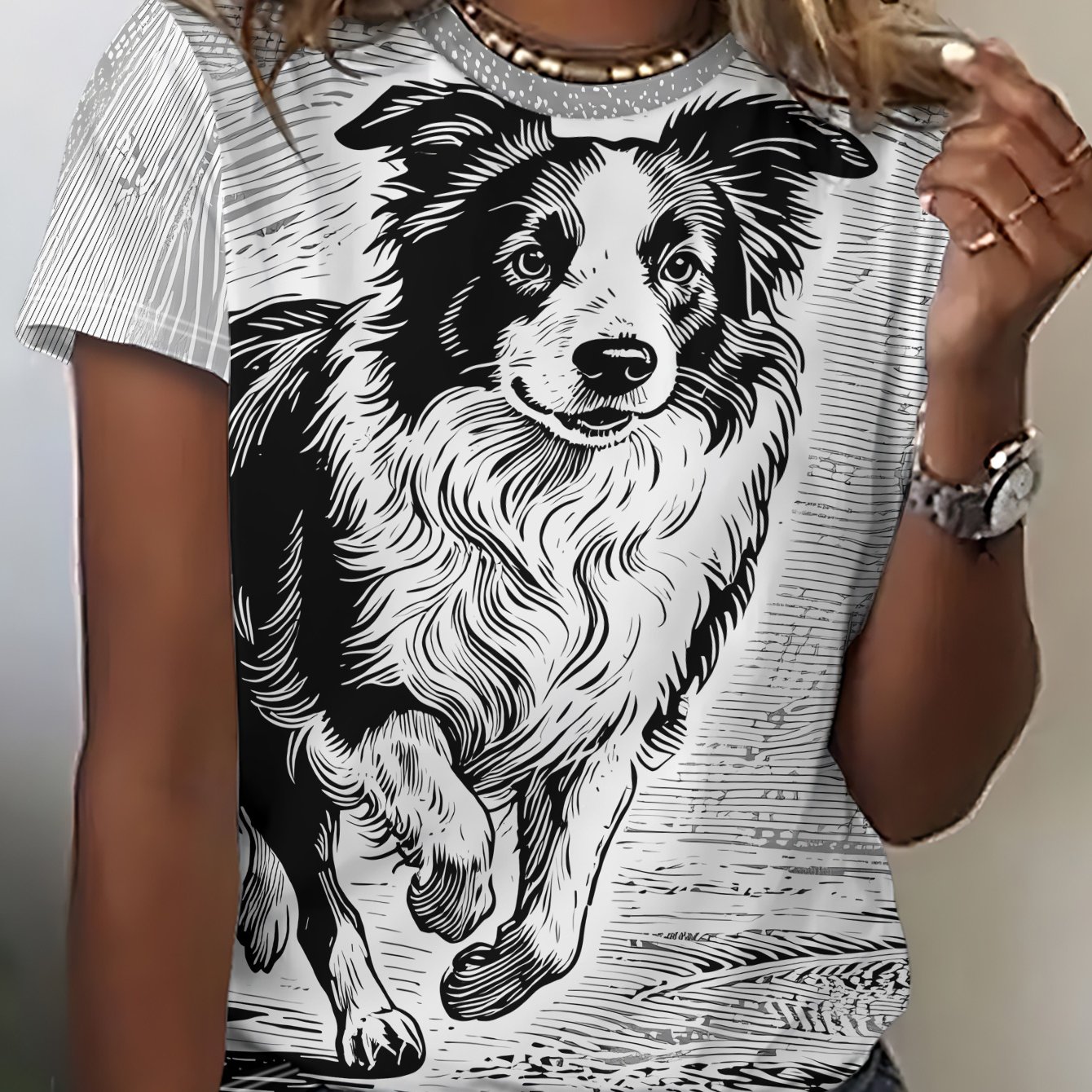 TEMU Women's Short-sleeve T-shirt Featuring A Cute Vintage Print Of A Border Collie. This Stylish And Unique Animal-patterned Tee Is Breathable And