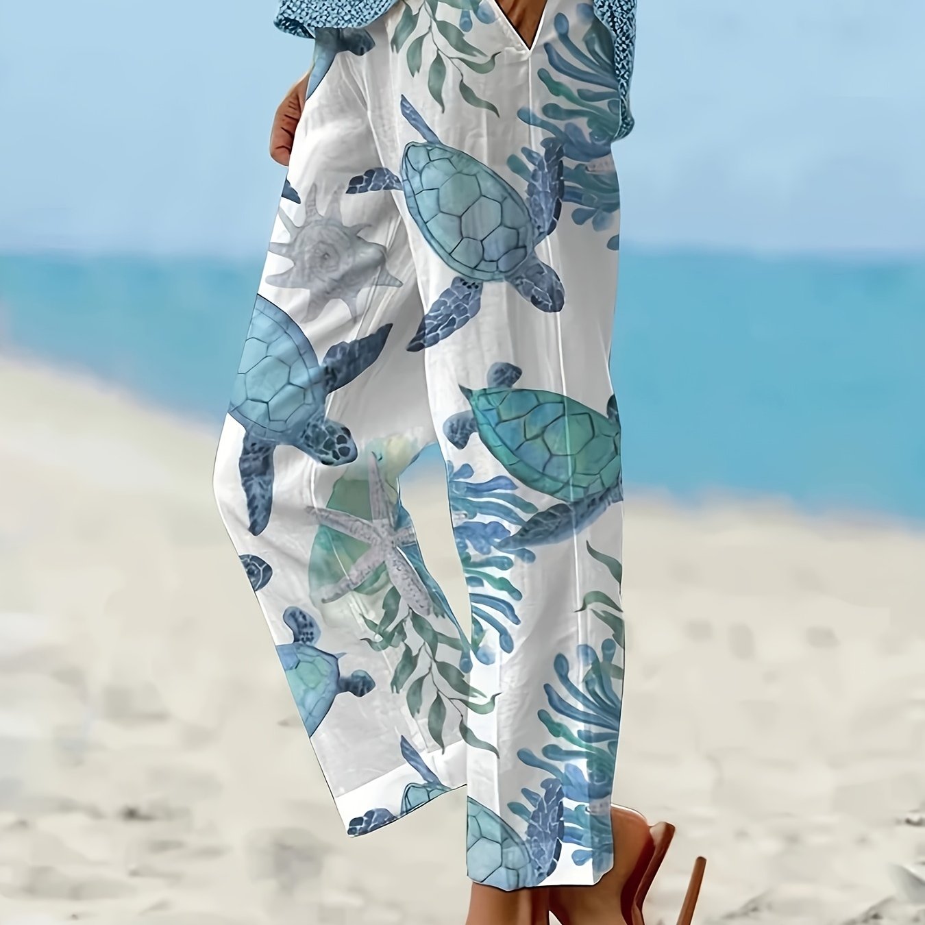 Spring Summer Turtle Print Straight Leg Pants, Elastic Waist Slant Pocket Casual Trousers