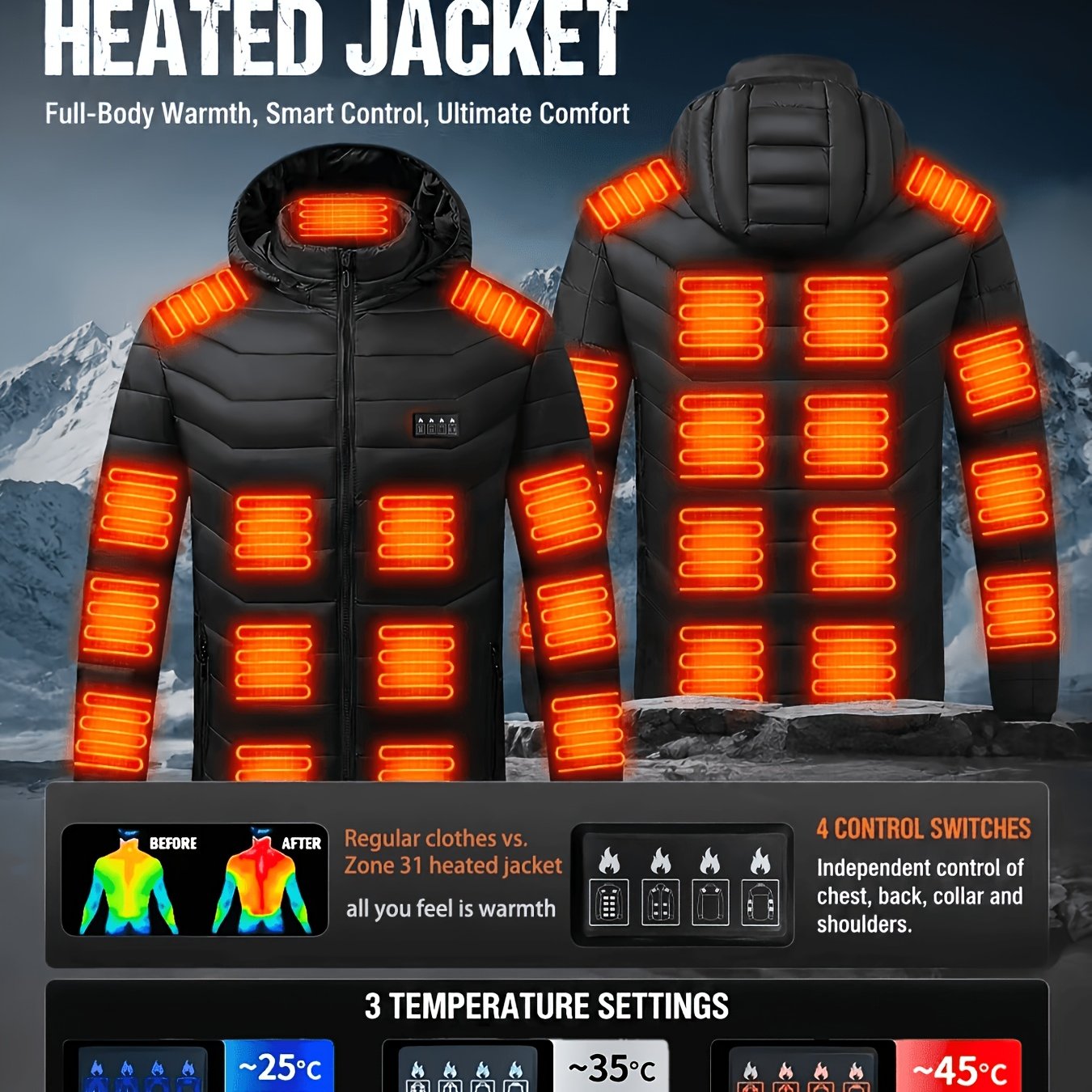 TEMU 2026 New Unisex 31 Heating Zones Smart Heated Jacket Coat, Detachable Hood Fast Usb Charging, Smart Electric Heating, Adjustable Temperature