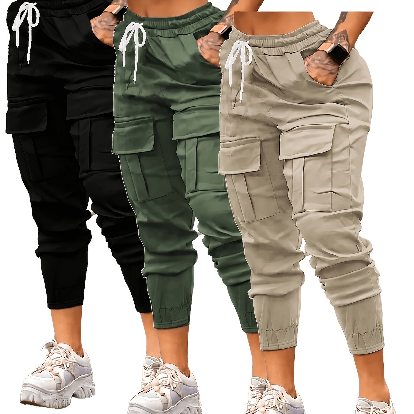 Image of Set Of 3 Women's Casual Sports Long Pants With Pockets For Outdoor Running, Featuring A Drawstring