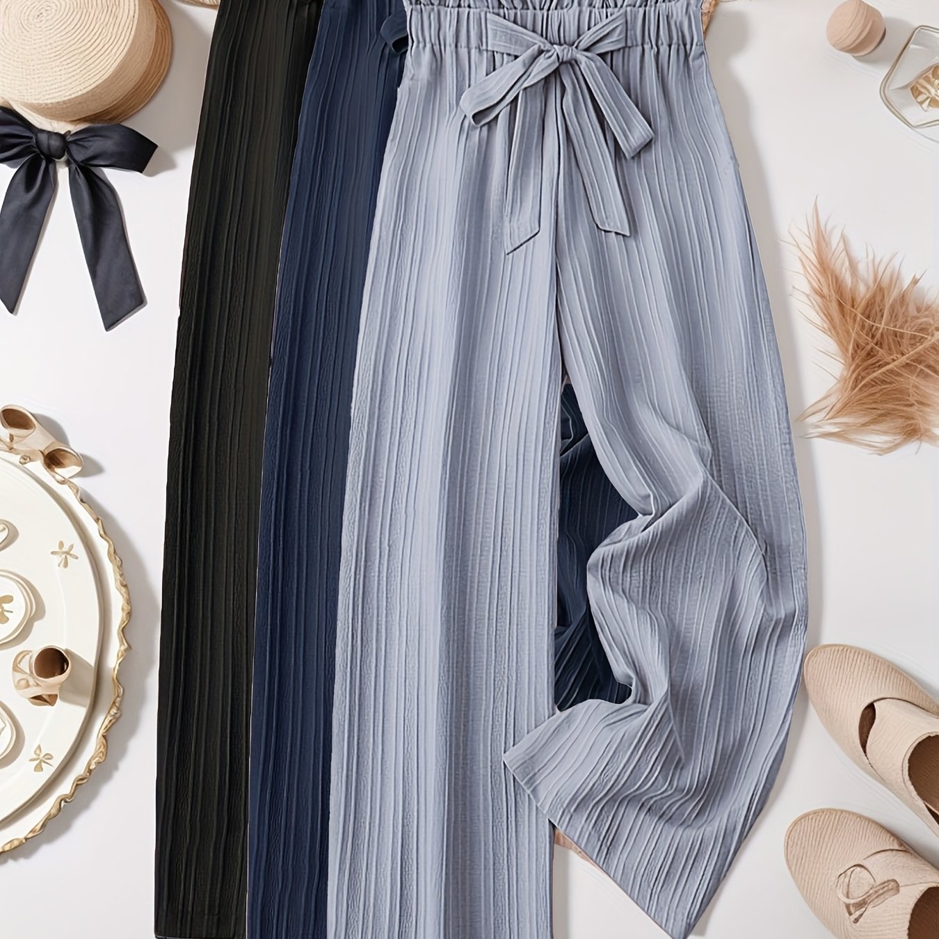 TEMU 3pcs Set Women's Elegant Striped Pleated Texture Bow Decoration Solid Color Wide-leg Pants
