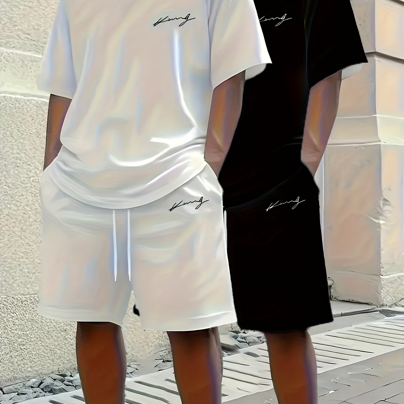 E-shop Zwei Sets Herren Freizeit T-Shirt Kurzarm Shorts Anzug, König Buchstaben Muster, Weiß + Schwarz, zu Kombinieren, Kurzarm + Shorts Lässiger