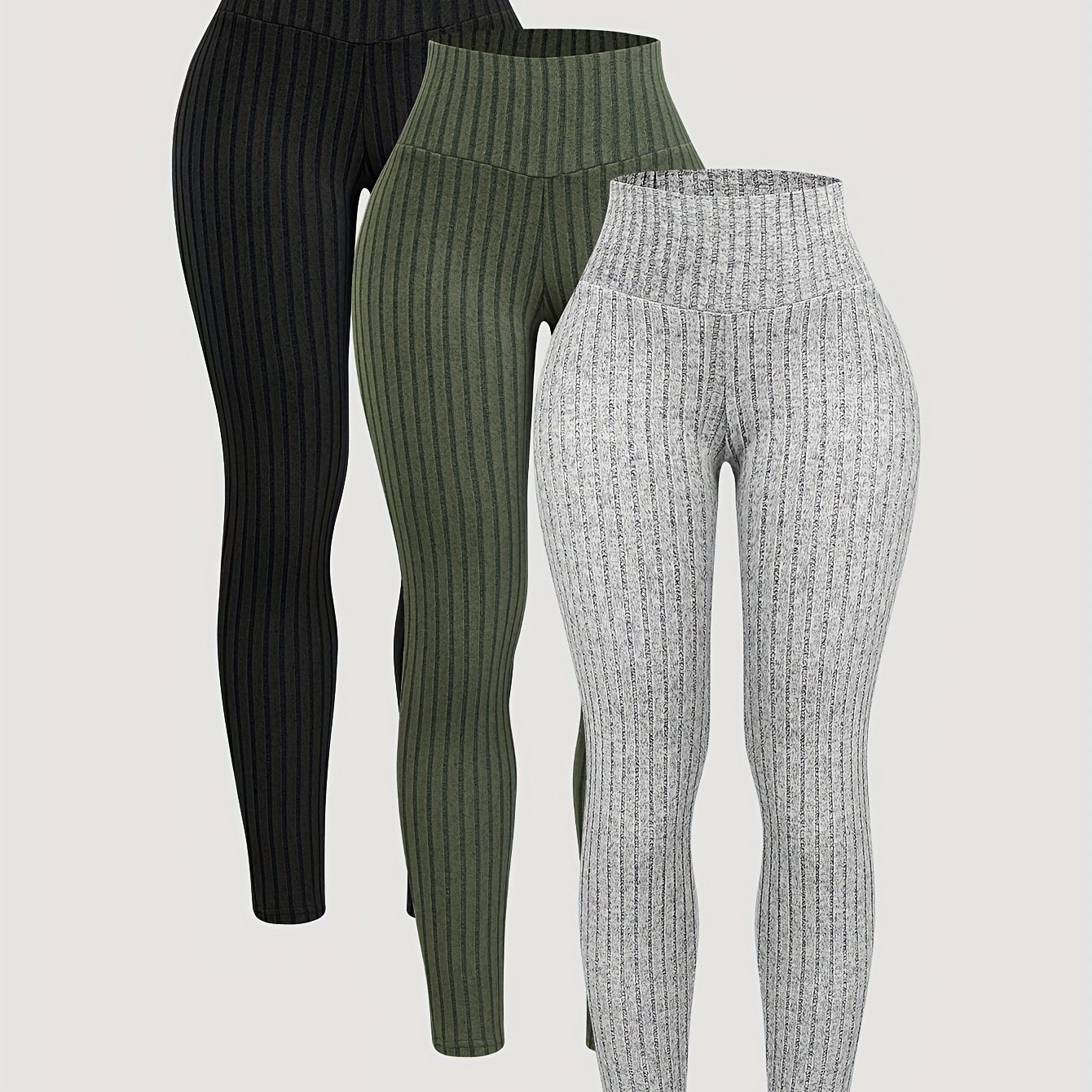 Image of 3pcsss Set Of Women' Ribbed Leggings, Yoga, Running Athletic 3pcsss Set Women's Casual Leggings 3pcsss Set Tights
