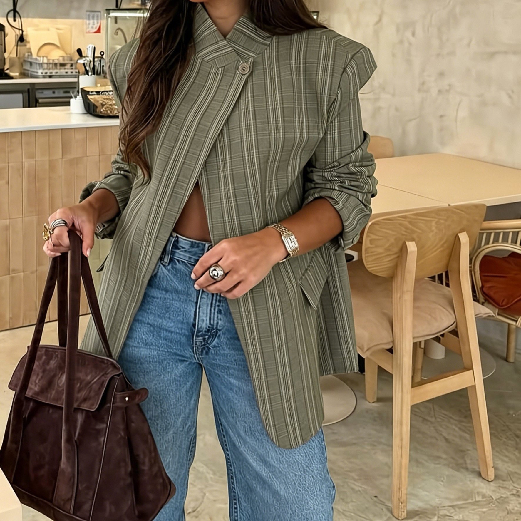 TEMU Chaqueta blazer casual asimétrica a cuadros para mujer, nueva de /verano, diseño vintage, elegante y