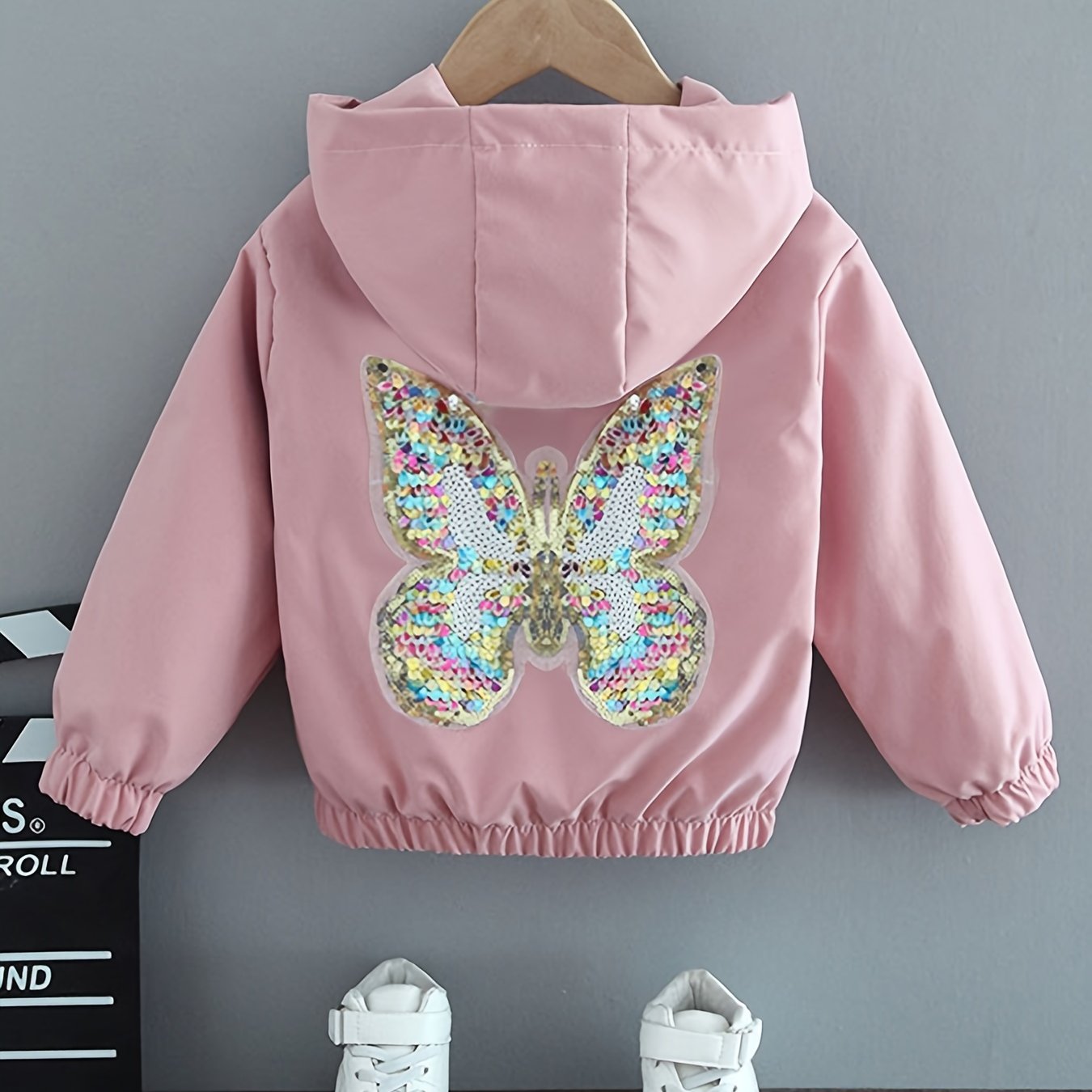 Image of Girls' Mid-big Kids Korean Style Hooded Casual Jacket Spring/autumn Sequin Girly Jacket Autumn Wear