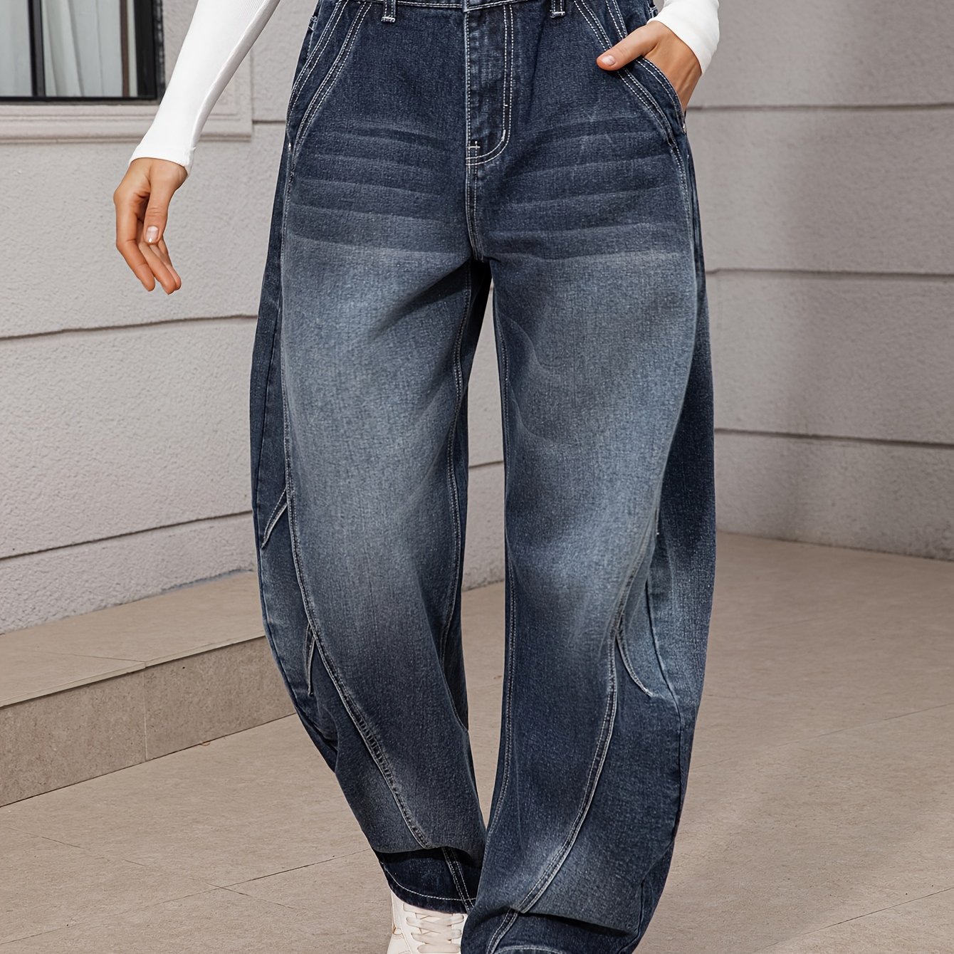 Image of Women's Fashion Trendy Non-stretch Semi-elastic Denim Loose Long Pants, Women's Easy Dark Blue Long Trousers